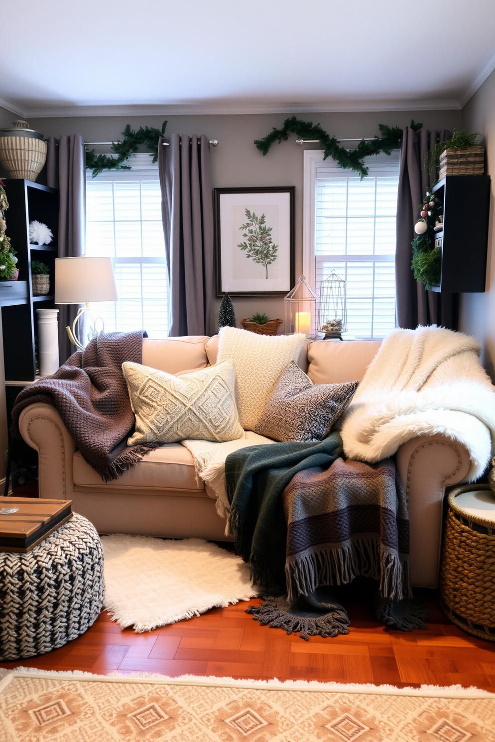 A cozy living room featuring a plush sofa adorned with soft throw blankets in various textures and colors. The space is enhanced by warm lighting and seasonal decor, creating an inviting atmosphere perfect for winter gatherings in a small area.