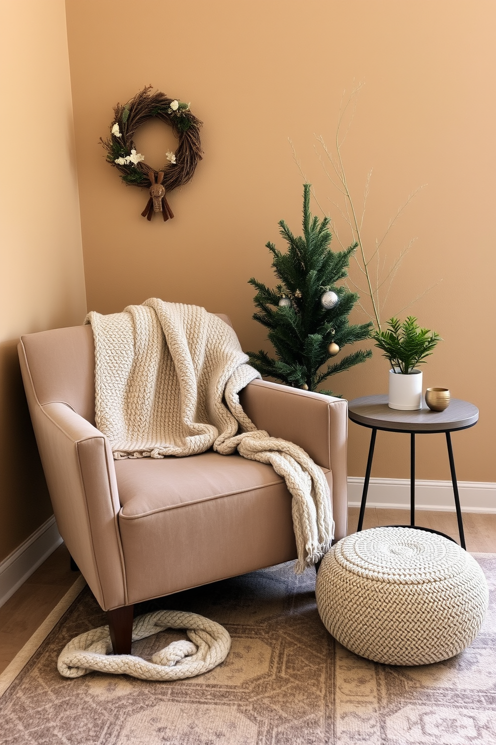 A cozy winter-themed small space setting. The room features a plush armchair draped with a soft throw blanket, and a small indoor plant sits on a nearby side table. The walls are painted in a warm neutral tone, creating an inviting atmosphere. A decorative rug with a subtle pattern lies underfoot, adding texture and warmth to the space.