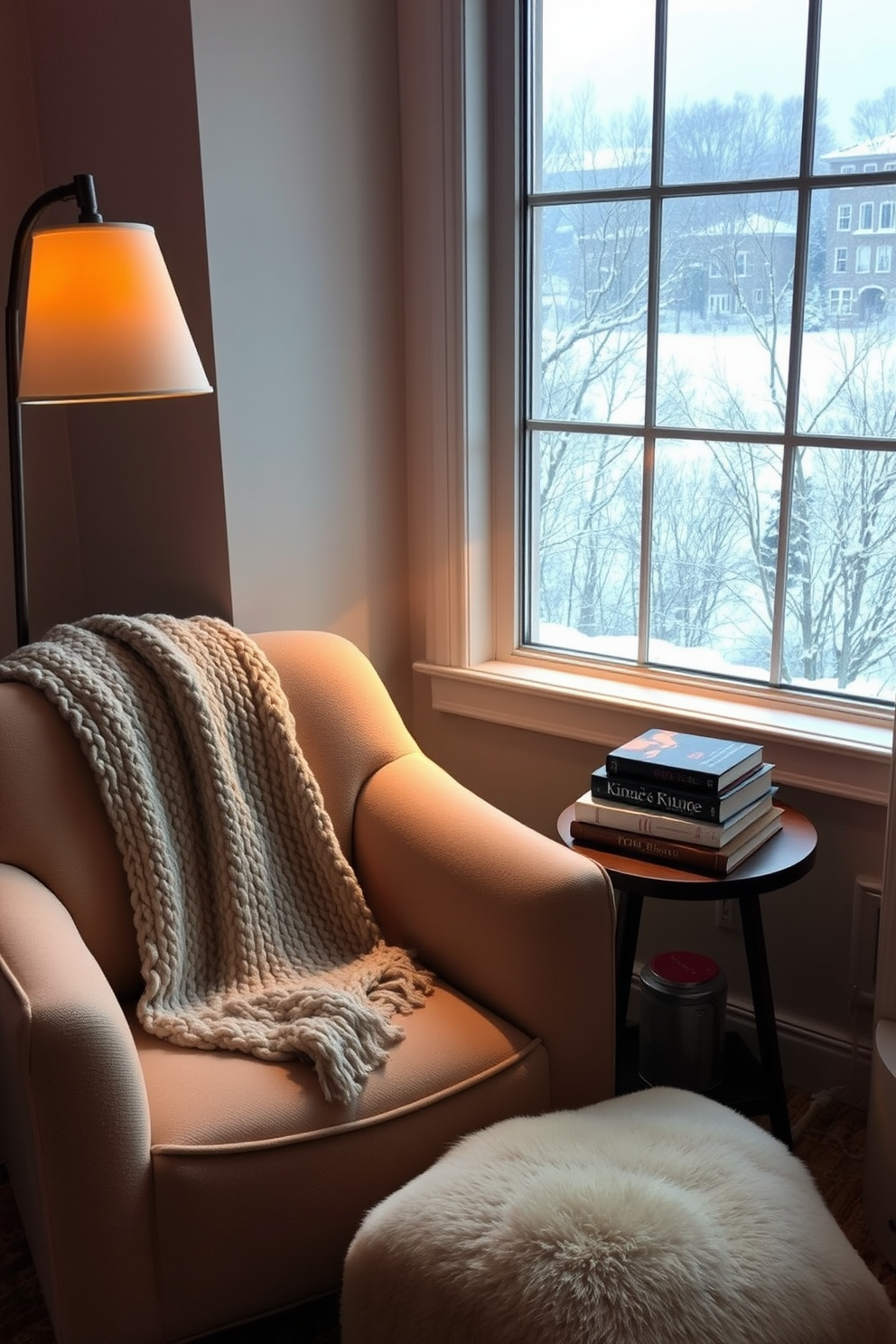 A cozy reading nook designed for a winter ambiance. It features a plush armchair in a soft, warm fabric positioned next to a small side table. The nook is adorned with a thick knit throw blanket draped over the chair and a stack of books neatly arranged on the table. A floor lamp with a soft glow illuminates the space, and a window nearby showcases a snowy landscape outside.