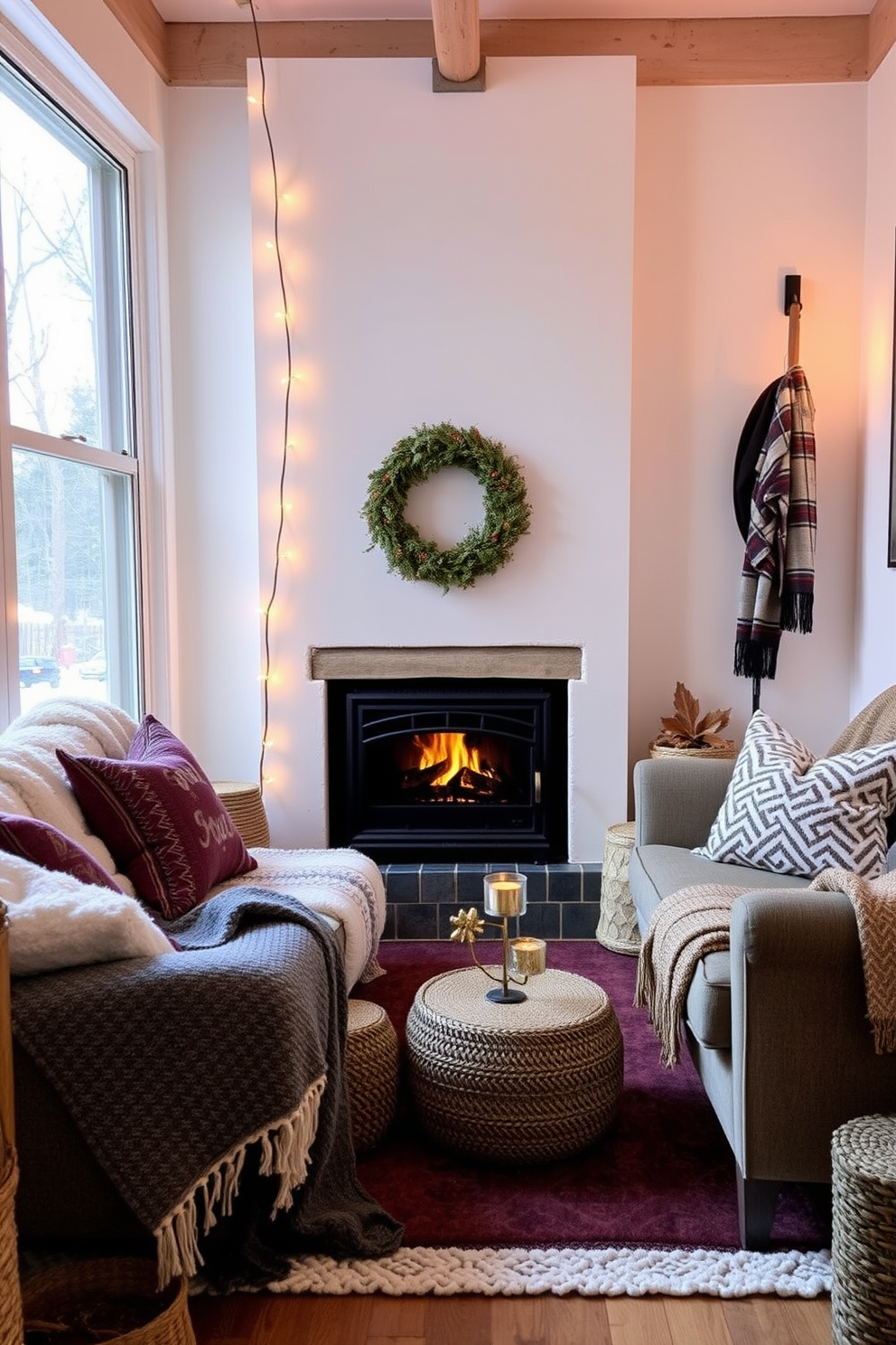 A cozy winter retreat in a small space featuring a portable fireplace as the focal point. Surround the fireplace with plush seating, layered throws, and soft, ambient lighting to create an inviting atmosphere.