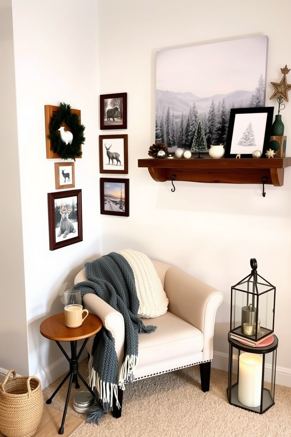 A cozy winter-themed living room featuring a collection of wall decor that includes a large canvas print of a snowy landscape and smaller framed prints of winter animals. The walls are painted in a soft white hue, and the decor is complemented by a rustic wooden shelf displaying seasonal decorations. In the corner, a small space is decorated with a compact, stylish armchair and a knitted throw blanket draped over it. A small side table holds a steaming cup of cocoa and a decorative lantern, creating a warm and inviting atmosphere.