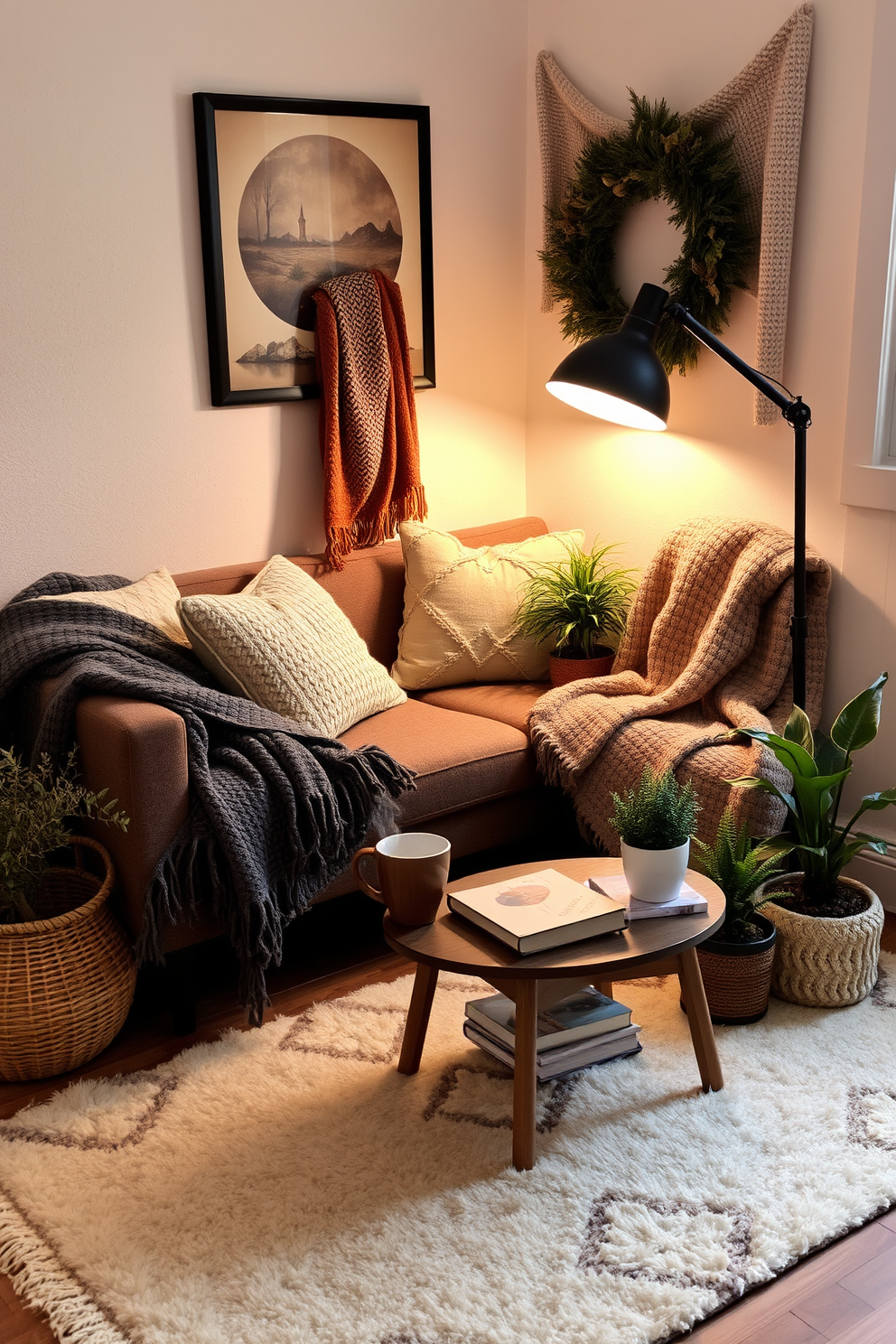 A cozy winter small space decorated with layered textured fabrics such as wool and knit throws. The room features a compact sofa adorned with plush cushions, and a soft area rug adds warmth underfoot. A small coffee table holds a steaming mug and a stack of books, surrounded by a few potted plants that bring life to the space. Soft lighting from a floor lamp creates an inviting atmosphere, perfect for relaxation during the colder months.