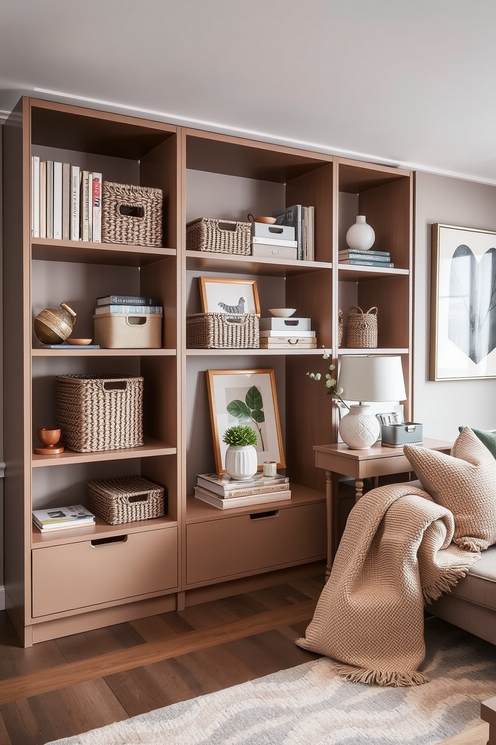 A chic living room features a sleek shelving unit with a mix of open and closed storage. Stylish baskets and decorative boxes are used to organize books and accessories, while a cozy throw and pillows add warmth to the space. In the corner, a compact console table serves as both a storage solution and a display area for art and plants. The color palette includes soft neutrals and pops of winter-inspired hues, creating a welcoming atmosphere.