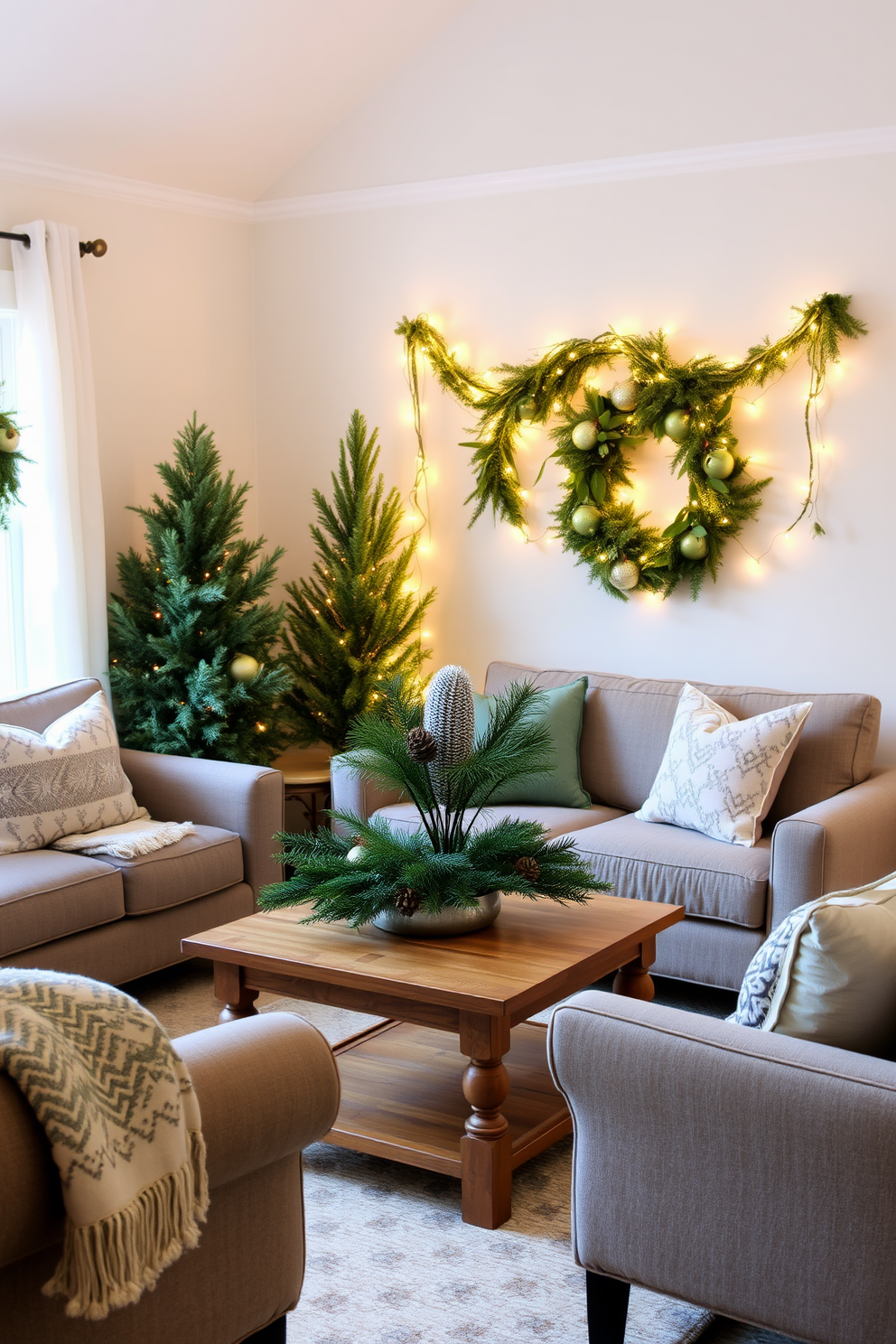 A cozy living room adorned with seasonal greenery arrangements. A small coffee table is surrounded by a plush sofa and accent chairs, with a festive centerpiece featuring evergreen branches and pinecones. The walls are painted in a soft neutral tone to enhance the space's warmth. A decorative throw blanket drapes over the arm of the sofa, while twinkling fairy lights are strung along the window to add a touch of winter charm.