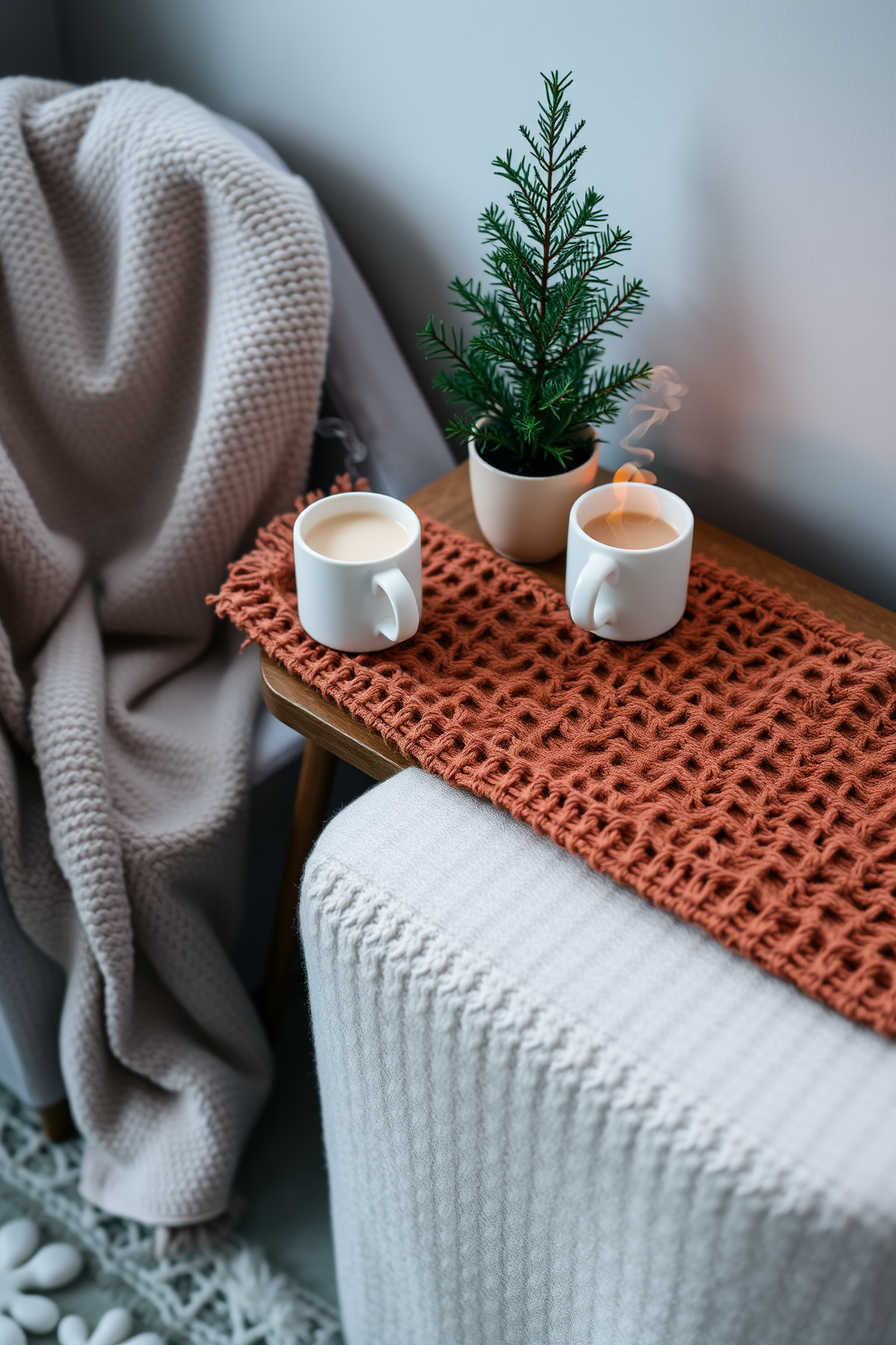 A cozy winter scene featuring a small table designed for hot drinks. The table is adorned with a warm knitted table runner and two ceramic mugs filled with steaming beverages. Surrounding the table, a plush armchair is draped with a soft throw blanket. A small potted evergreen adds a touch of greenery to the space, enhancing the winter atmosphere.