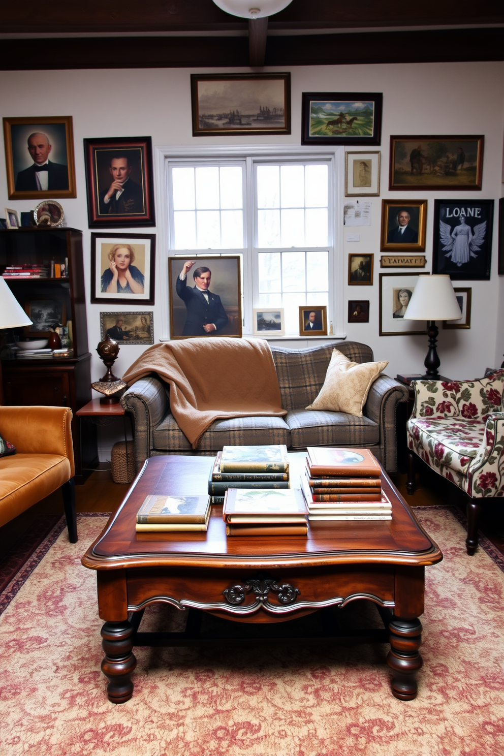 A cozy winter living room featuring a mix of vintage decor pieces. An antique wooden coffee table sits in the center, surrounded by a pair of mismatched velvet armchairs and a vintage floral sofa. The walls are adorned with eclectic art pieces, showcasing a blend of styles and eras. A warm throw blanket drapes over the back of the sofa, and a collection of vintage books is stacked on the coffee table, adding character to the space.