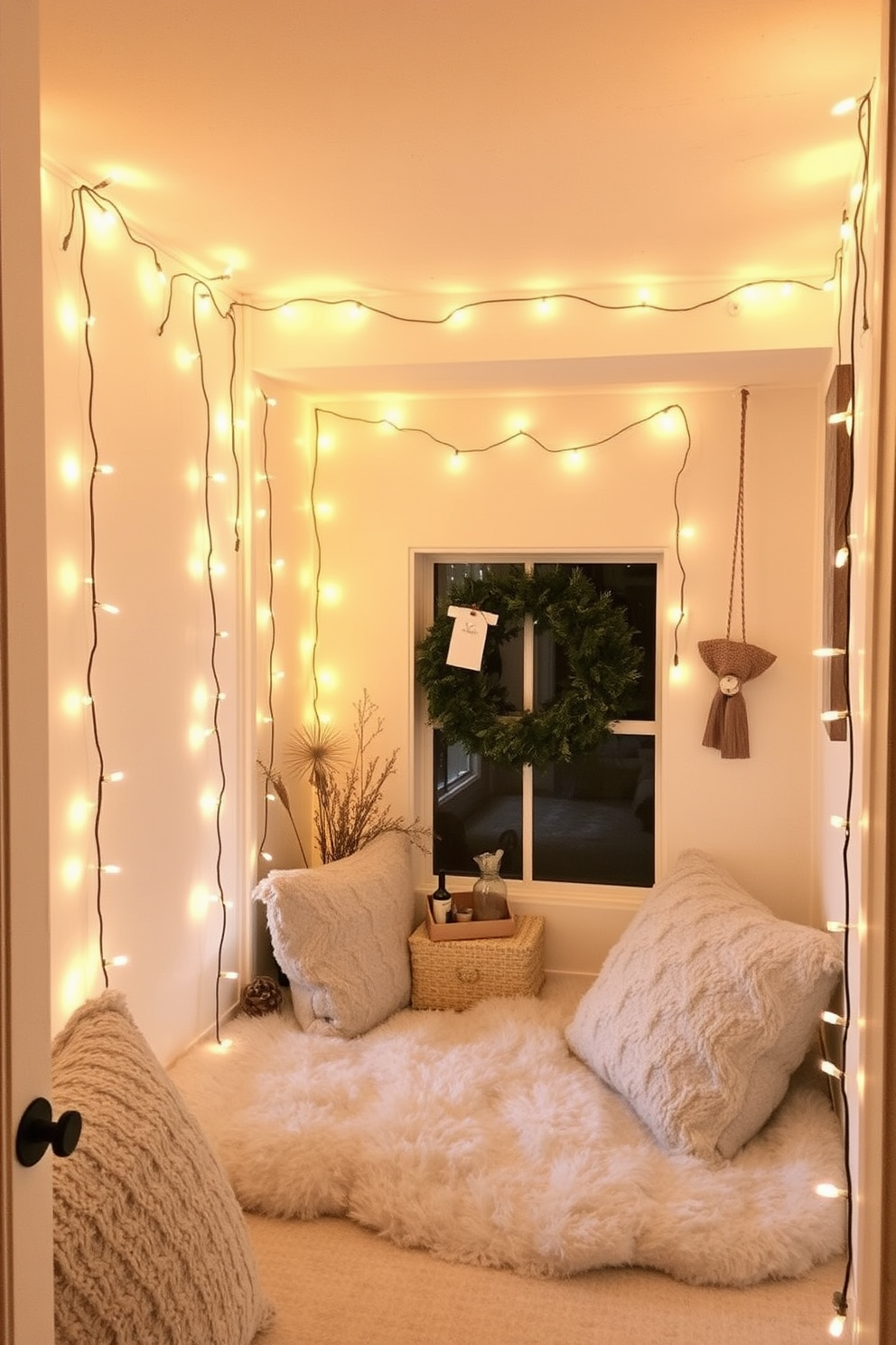 A cozy winter small space decorated with warm lighting creates an inviting atmosphere. Delicate fairy lights are draped along the walls, casting a soft glow that enhances the charm of the room.