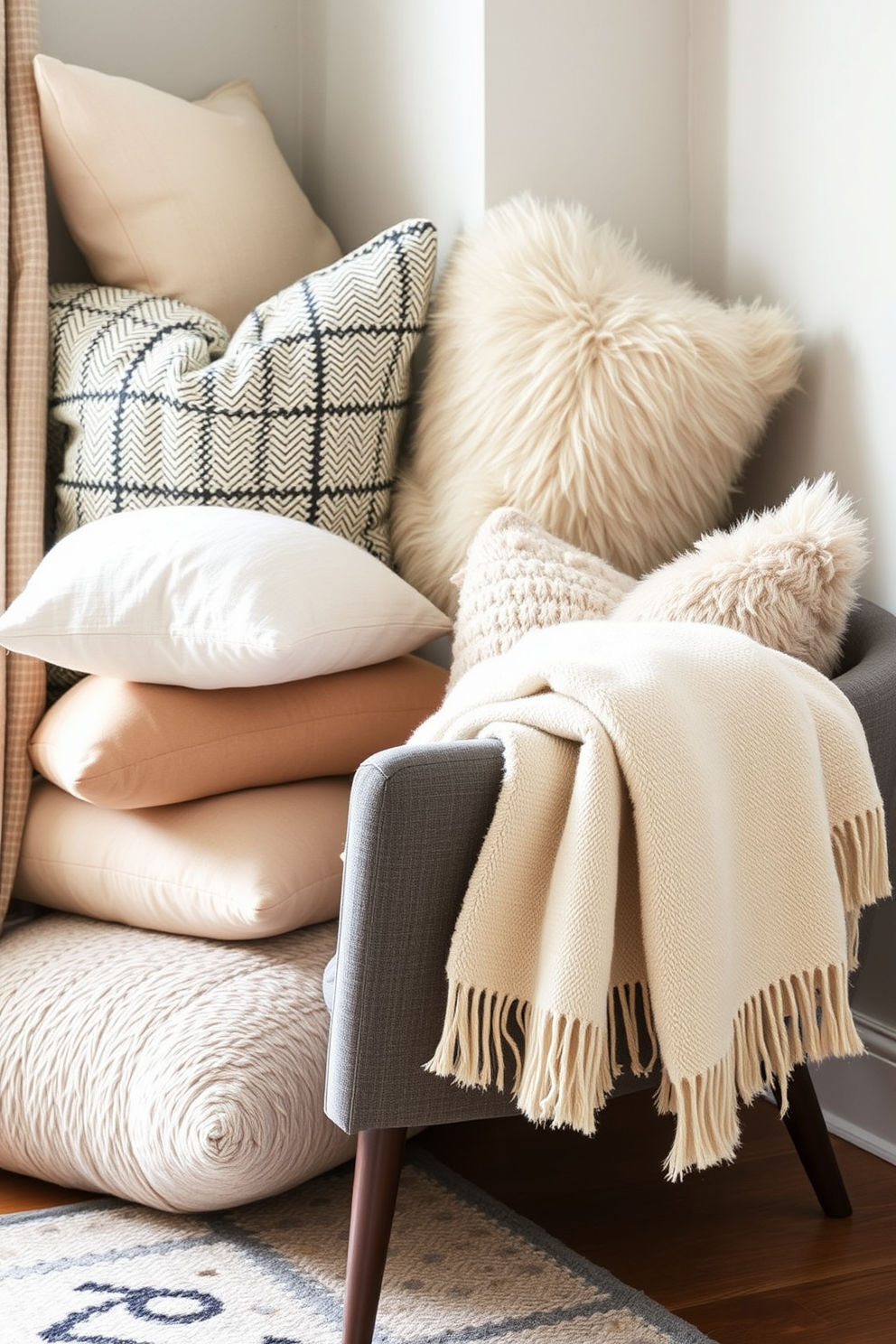 Create a cozy corner with an assortment of plush cushions in various textures and patterns. A soft throw blanket drapes over the arm of a stylish accent chair, inviting relaxation in a small space.