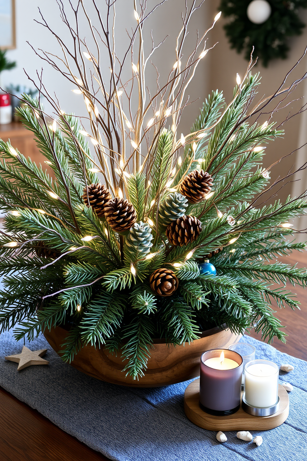 A stunning winter-themed centerpiece featuring a mix of evergreen branches and pinecones arranged in a rustic wooden bowl. Soft white fairy lights are intertwined among the greenery, creating a warm and inviting glow. For small space decorating ideas, incorporate a compact table adorned with a cozy table runner in shades of deep blue and silver. Add a few decorative candles and small ornaments to enhance the winter ambiance without overwhelming the space.