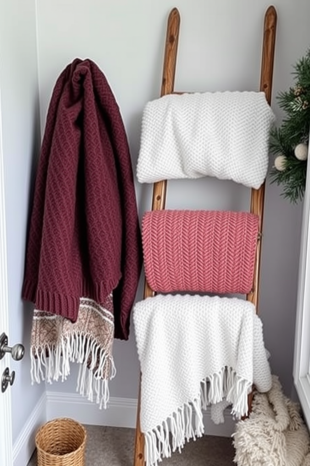 A cozy winter small space decorated with a decorative ladder leaning against the wall. Soft, textured blankets are casually draped over the rungs, adding warmth and style to the room.