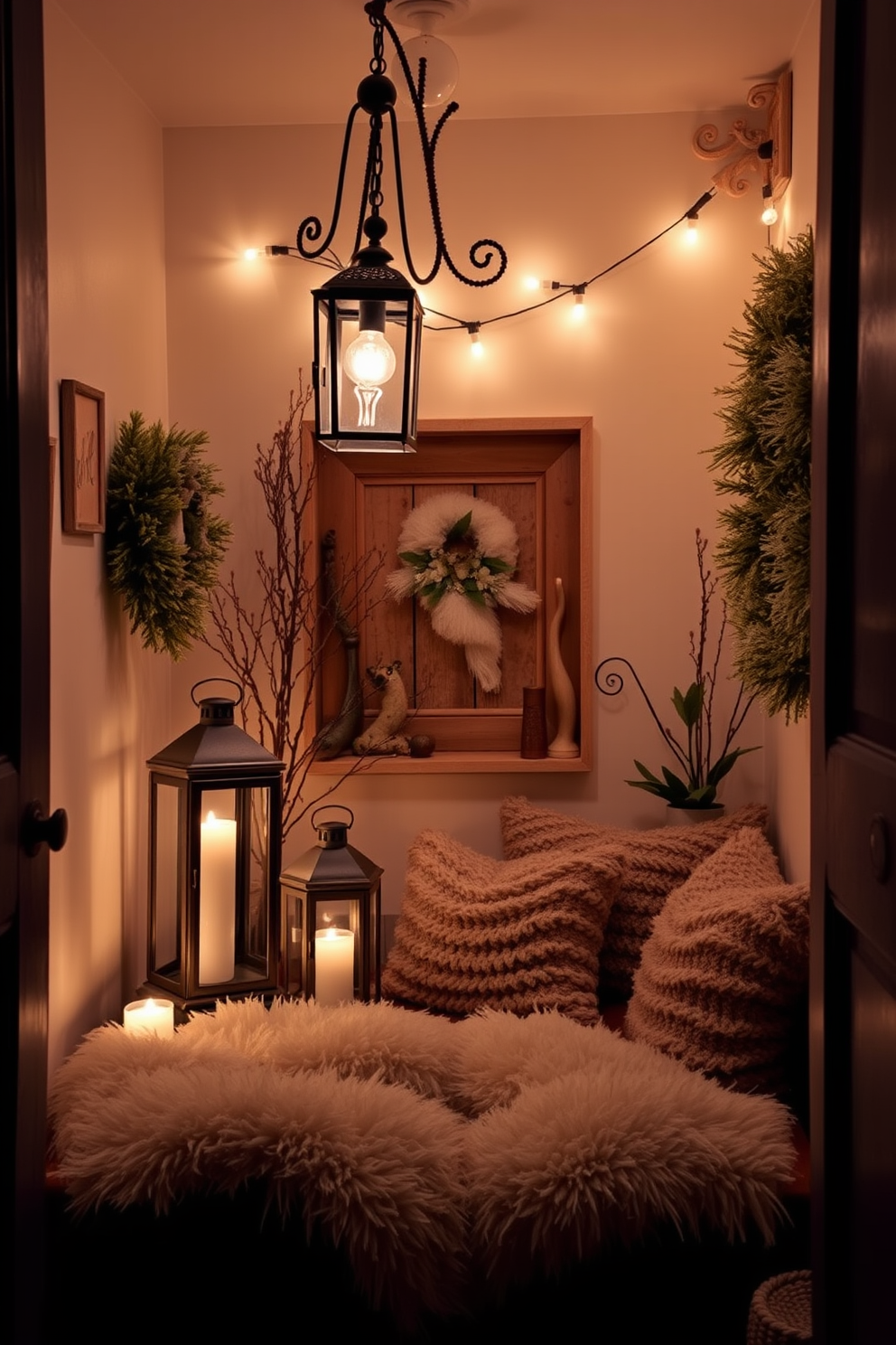 A cozy winter small space decorated with soft lighting from elegant lanterns. The walls are adorned with warm-toned accents, and plush textiles create an inviting atmosphere.