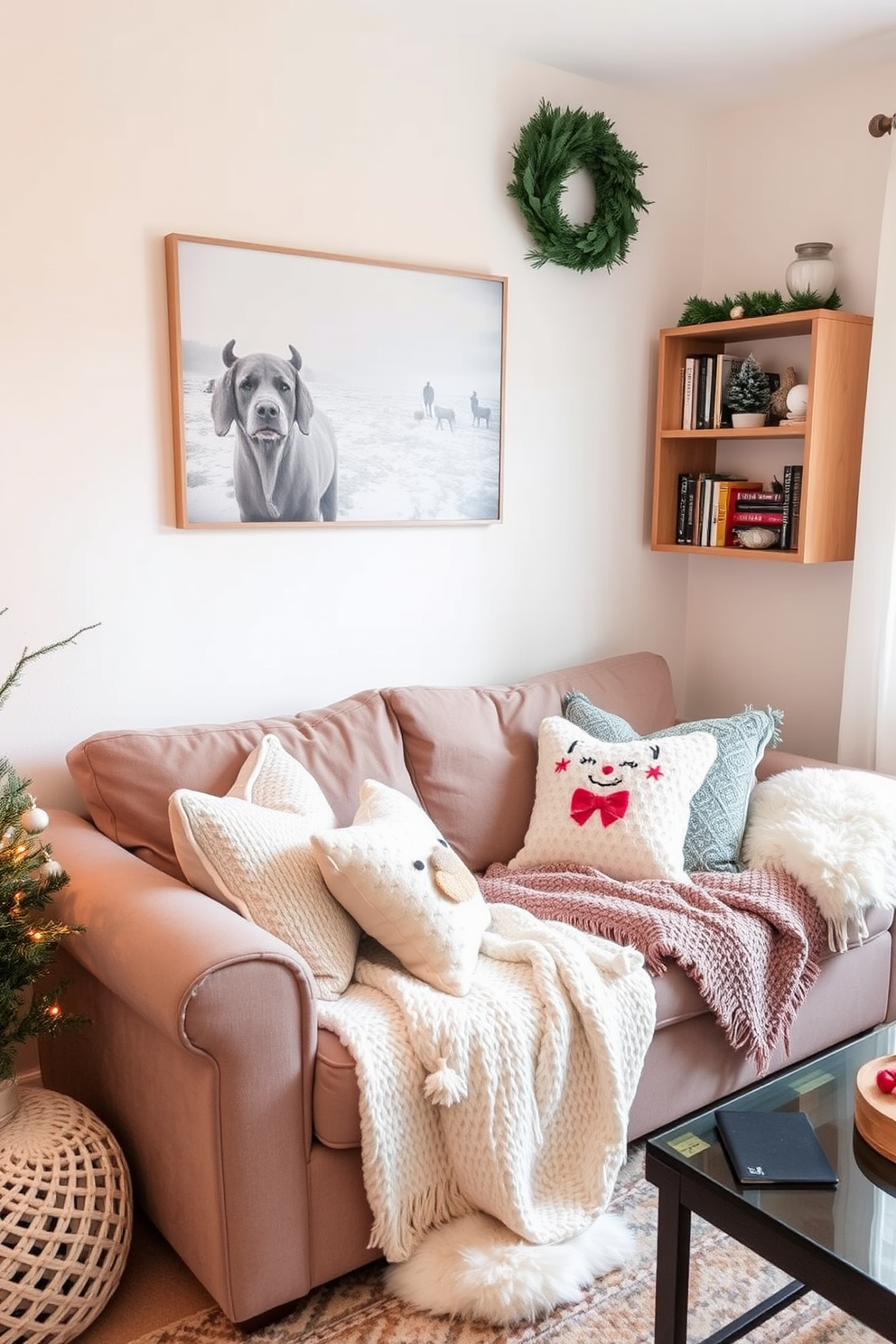 A cozy winter-themed small space living room. There is a plush sofa adorned with soft throws and decorative pillows, complemented by a small wooden shelf filled with books and seasonal decorations.