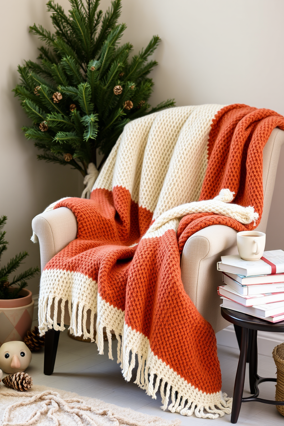 A cozy chair is adorned with a soft, textured throw in warm shades of cream and rust, inviting relaxation. The surrounding space is decorated with seasonal accents like pinecones and small evergreen branches, creating a festive winter atmosphere. A small side table next to the chair holds a steaming mug of hot cocoa and a stack of well-loved books. The walls are painted in a soft, neutral tone, enhancing the warmth of the textiles and the overall inviting feel of the space.