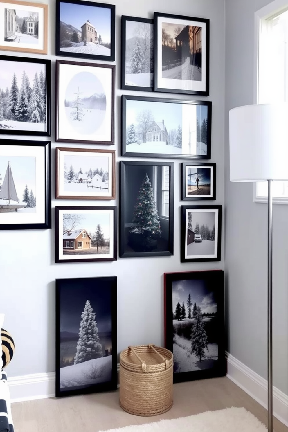 Create a gallery wall featuring an assortment of winter photographs showcasing snowy landscapes and cozy indoor scenes. The frames should vary in size and style, creating an eclectic yet harmonious display that adds warmth and character to the space. Incorporate small space decorating ideas that emphasize functionality and style. Utilize multi-purpose furniture and light color palettes to enhance the sense of openness while adding winter-themed decor elements for a seasonal touch.