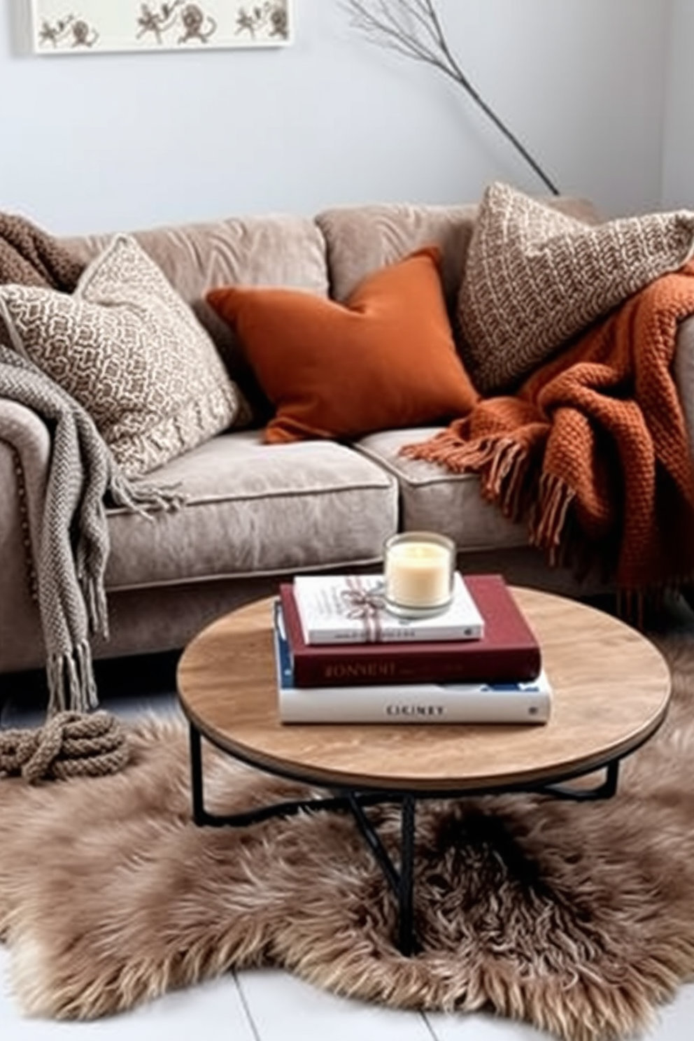 A cozy winter small space setting featuring a comfortable seating area. A plush sofa is adorned with warm throw blankets and decorative pillows in rich tones. In front of the sofa, a round coffee table is topped with a stack of books and a scented candle. A faux fur rug lies beneath the seating arrangement, adding warmth and texture to the space.