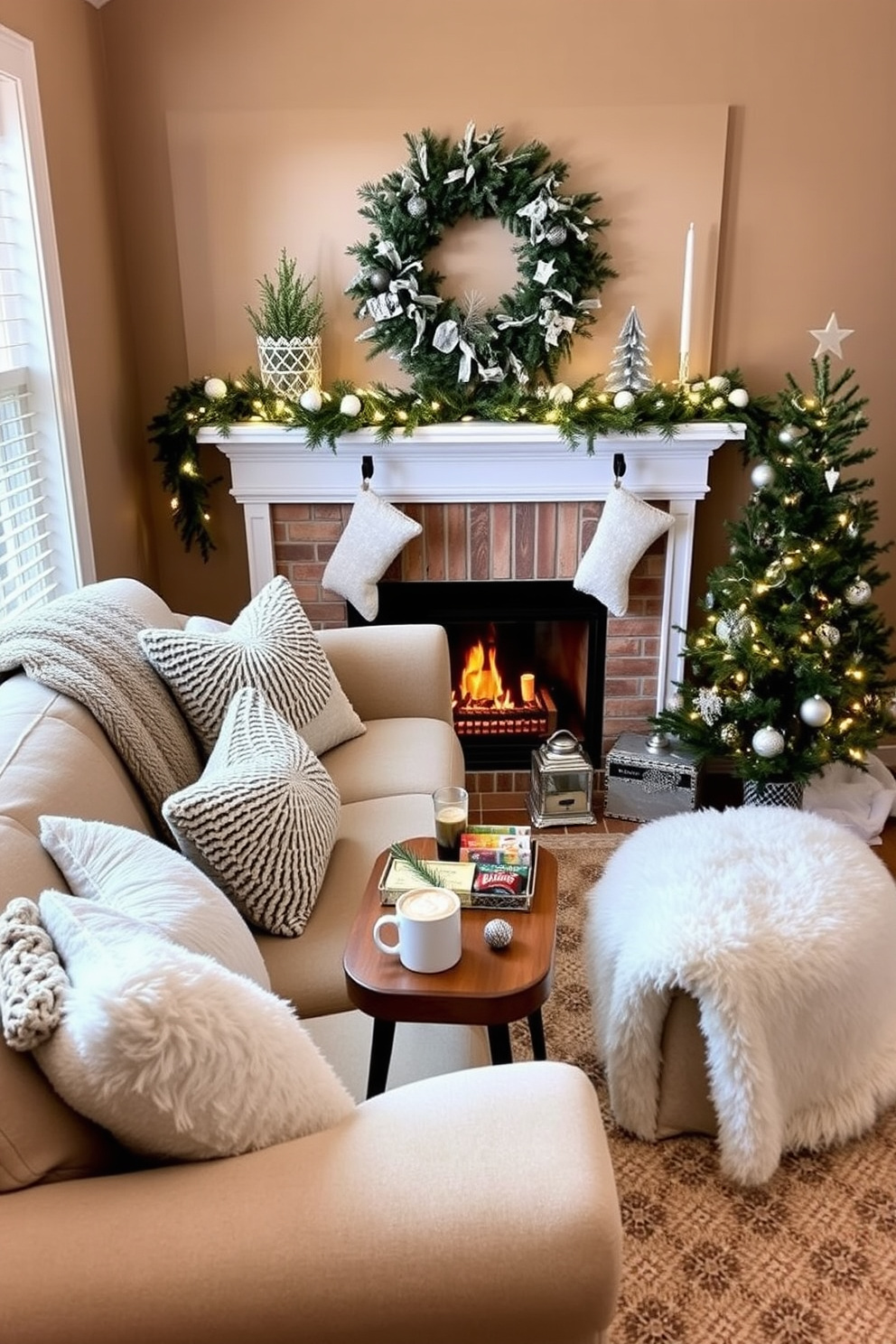 A cozy winter-themed living room designed for a small space. A plush sofa is adorned with soft throw blankets and decorative pillows, while a small side table holds an assortment of snacks and a steaming mug of hot cocoa. The walls are painted in a warm taupe color, creating a welcoming atmosphere. A festive garland drapes over the mantel, and a small Christmas tree sits in the corner, adorned with twinkling lights and ornaments.