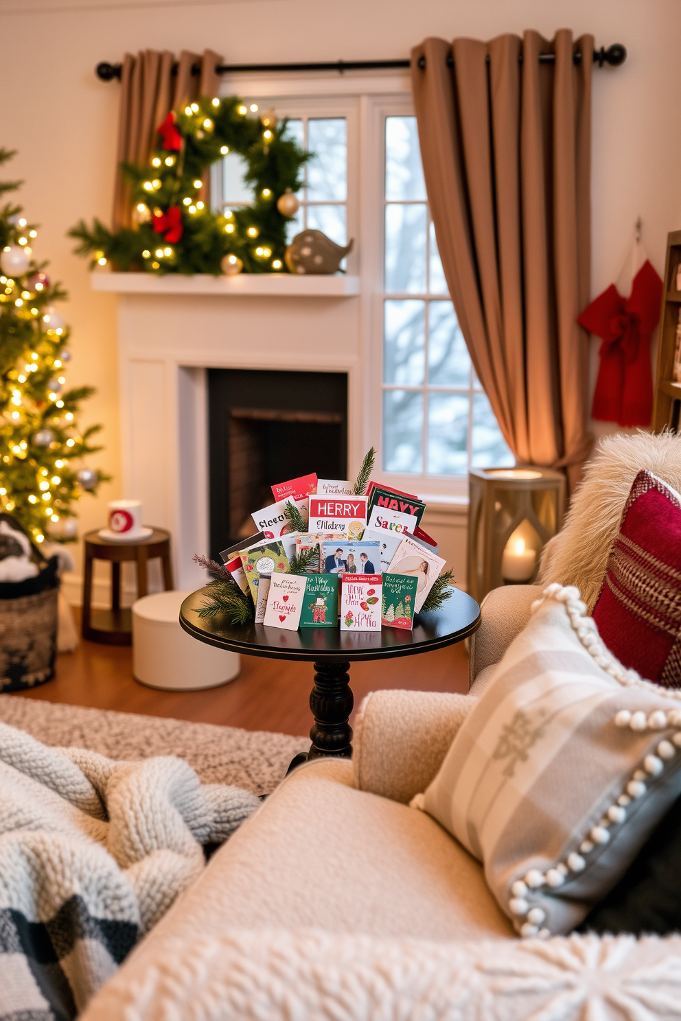 A cozy winter living room filled with holiday spirit. A small table is adorned with an assortment of colorful holiday cards displayed in a charming arrangement. Soft, warm lighting creates a welcoming atmosphere. Plush throws and decorative pillows in seasonal colors enhance the inviting feel of the space.