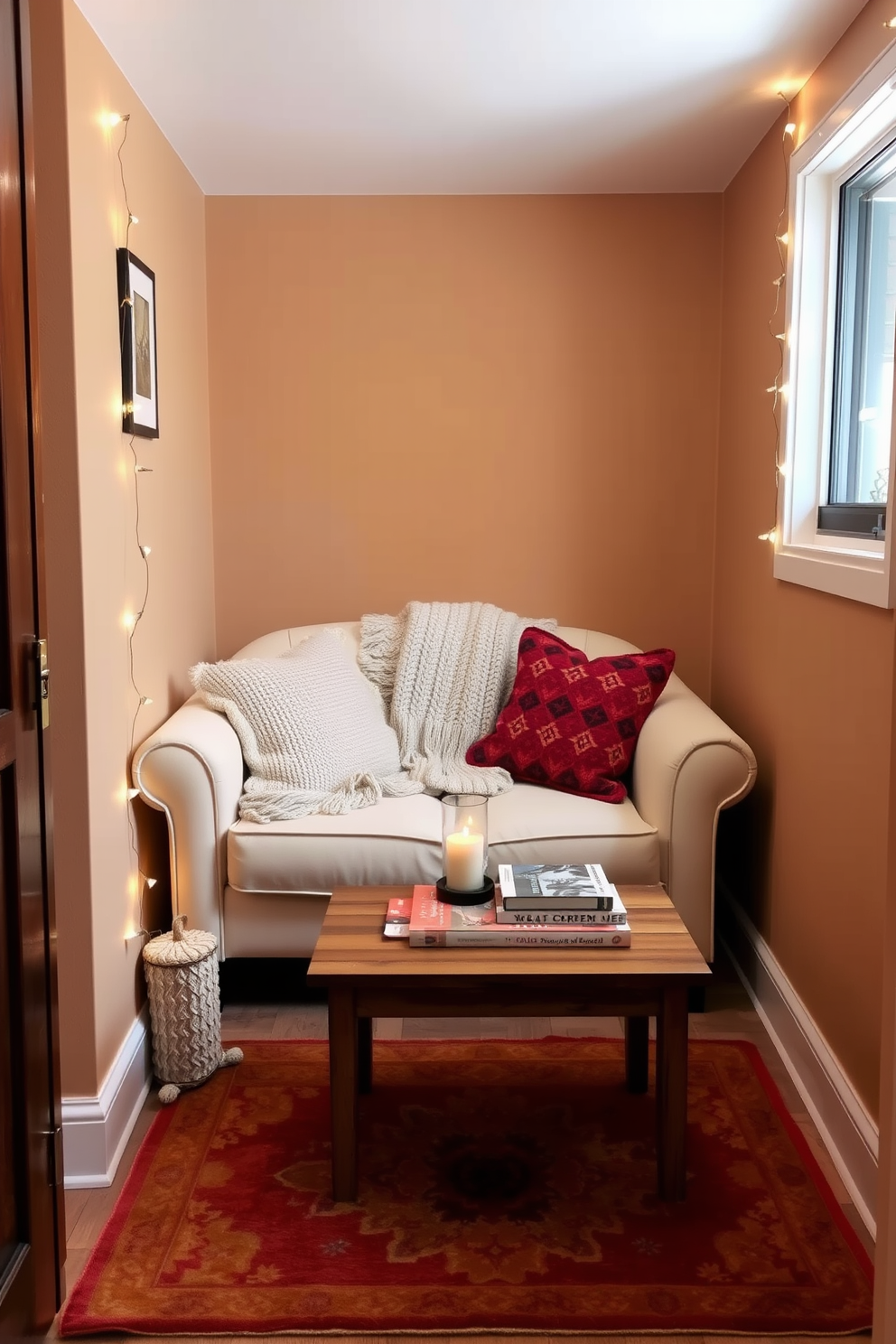 A cozy winter-themed small space with warm-toned walls painted in a soft beige. The room features a compact seating area with a plush cream sofa adorned with colorful throw pillows and a chunky knit blanket. A small wooden coffee table sits in front of the sofa, topped with a stack of seasonal books and a fragrant candle. A decorative rug with warm hues anchors the space, while twinkling fairy lights add a touch of warmth and charm.