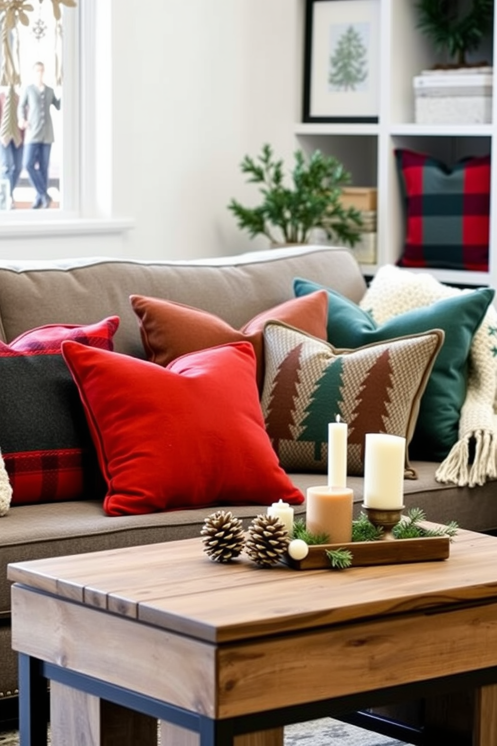 A cozy living room setting adorned with decorative pillows in rich winter colors such as deep reds, forest greens, and icy blues. The pillows are arranged artfully on a plush gray sofa, complemented by a soft knit throw blanket draped casually over one arm. The room features a small coffee table made of reclaimed wood, topped with a few seasonal decor items like pinecones and candles. A small indoor plant sits in the corner, adding a touch of warmth to the winter-themed space.