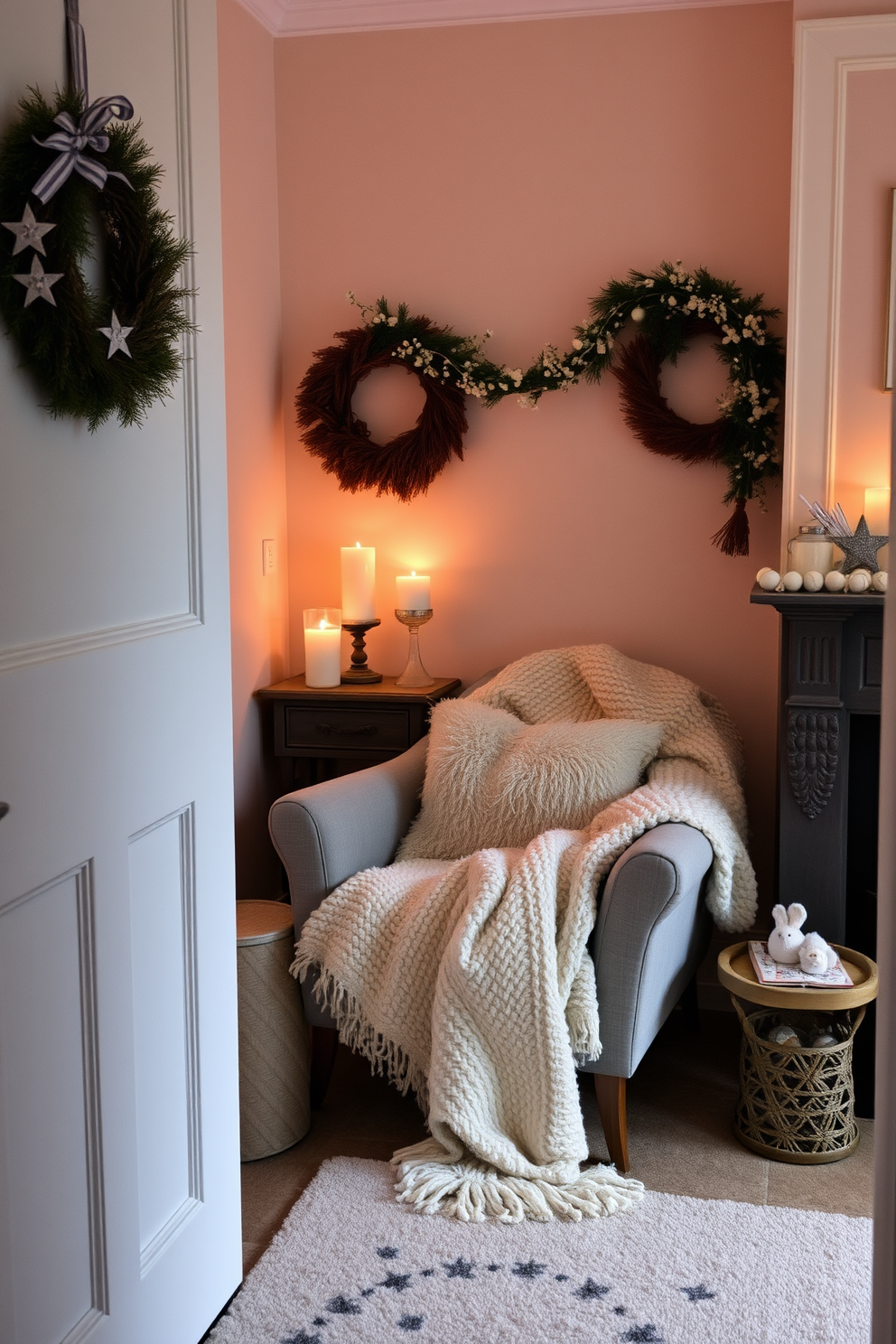 A cozy winter small space decorated with candles providing a soft warm glow. The room features a compact seating area with a plush throw blanket draped over a stylish armchair, creating an inviting atmosphere.