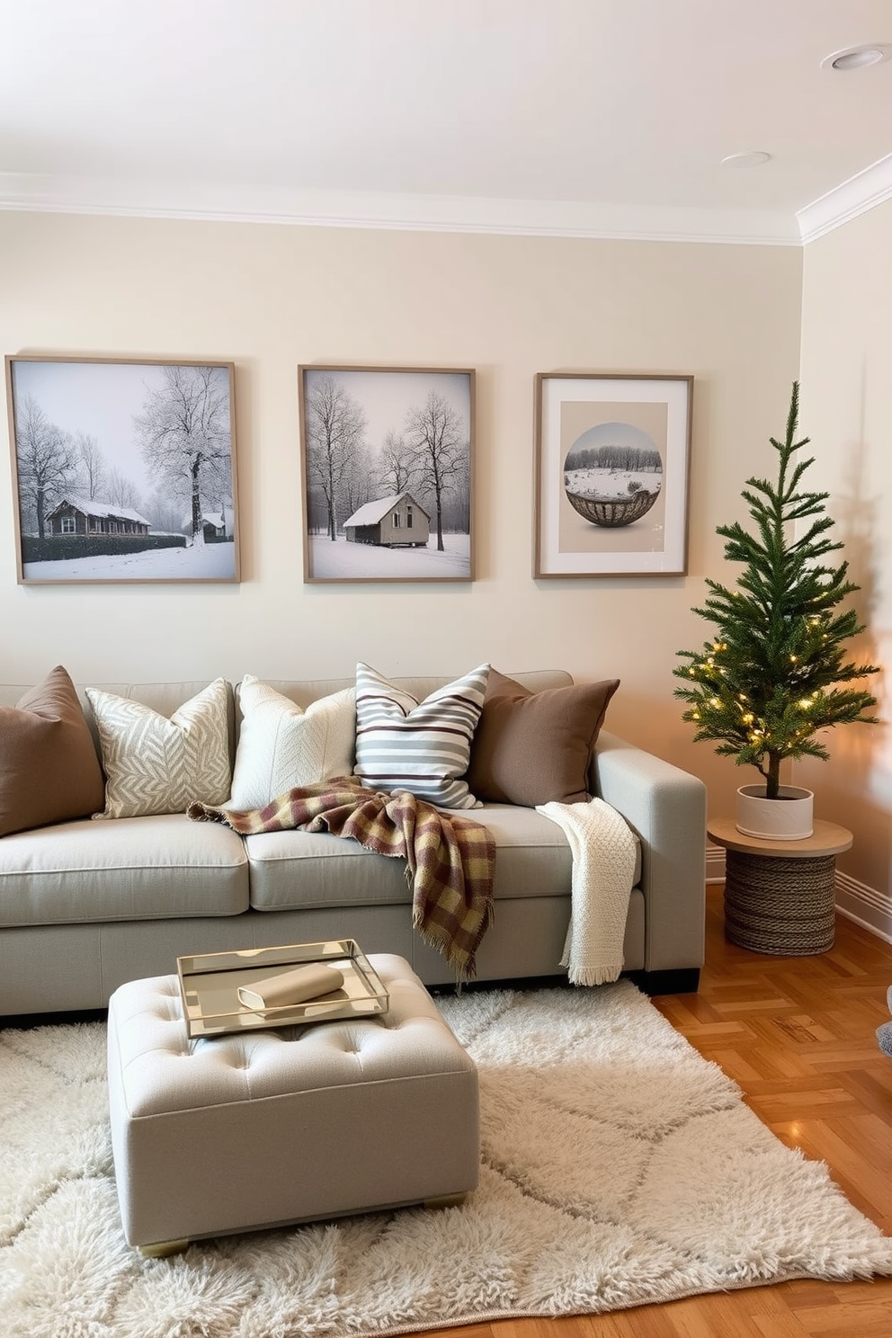 A cozy living room adorned with seasonal artwork that captures the essence of winter. Soft textures and a neutral color palette create a warm atmosphere, complemented by a small, elegant Christmas tree in the corner. Incorporate space-saving furniture like a stylish ottoman that doubles as storage. A compact coffee table sits atop a plush area rug, enhancing the inviting feel of the room while maintaining functionality.