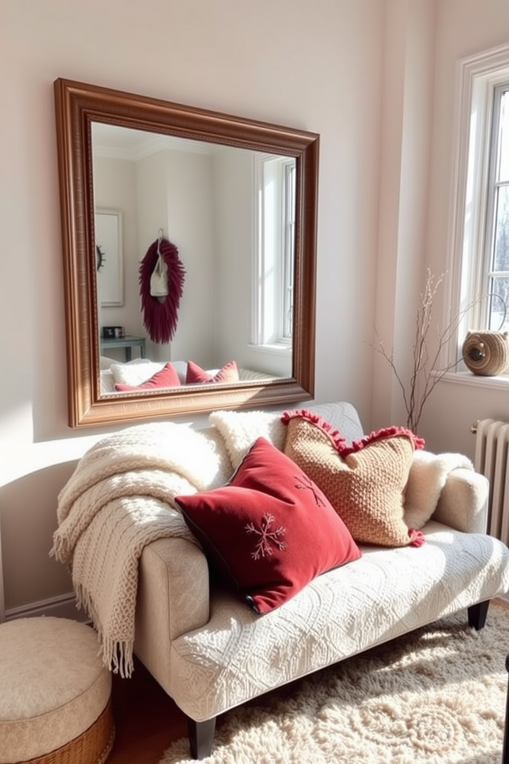 A cozy winter small space decorated with soft textures and warm colors. A large mirror on the wall reflects the natural light coming from a nearby window, creating an illusion of a larger area. The room features a plush area rug and layered blankets on a compact sofa. Decorative pillows in rich winter hues add a touch of warmth and comfort to the space.