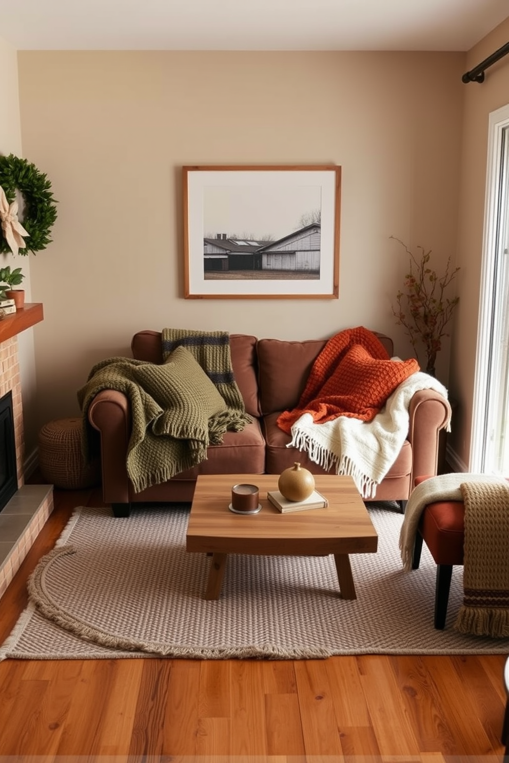 A cozy winter retreat designed for a small space features a warm color palette dominated by earthy tones. Soft beige walls are complemented by rich brown furniture, and plush textiles add comfort and warmth throughout the room. The living area includes a compact sofa adorned with layered throw blankets in muted greens and burnt oranges. A small wooden coffee table sits atop a textured area rug, creating an inviting focal point for relaxation and gathering.