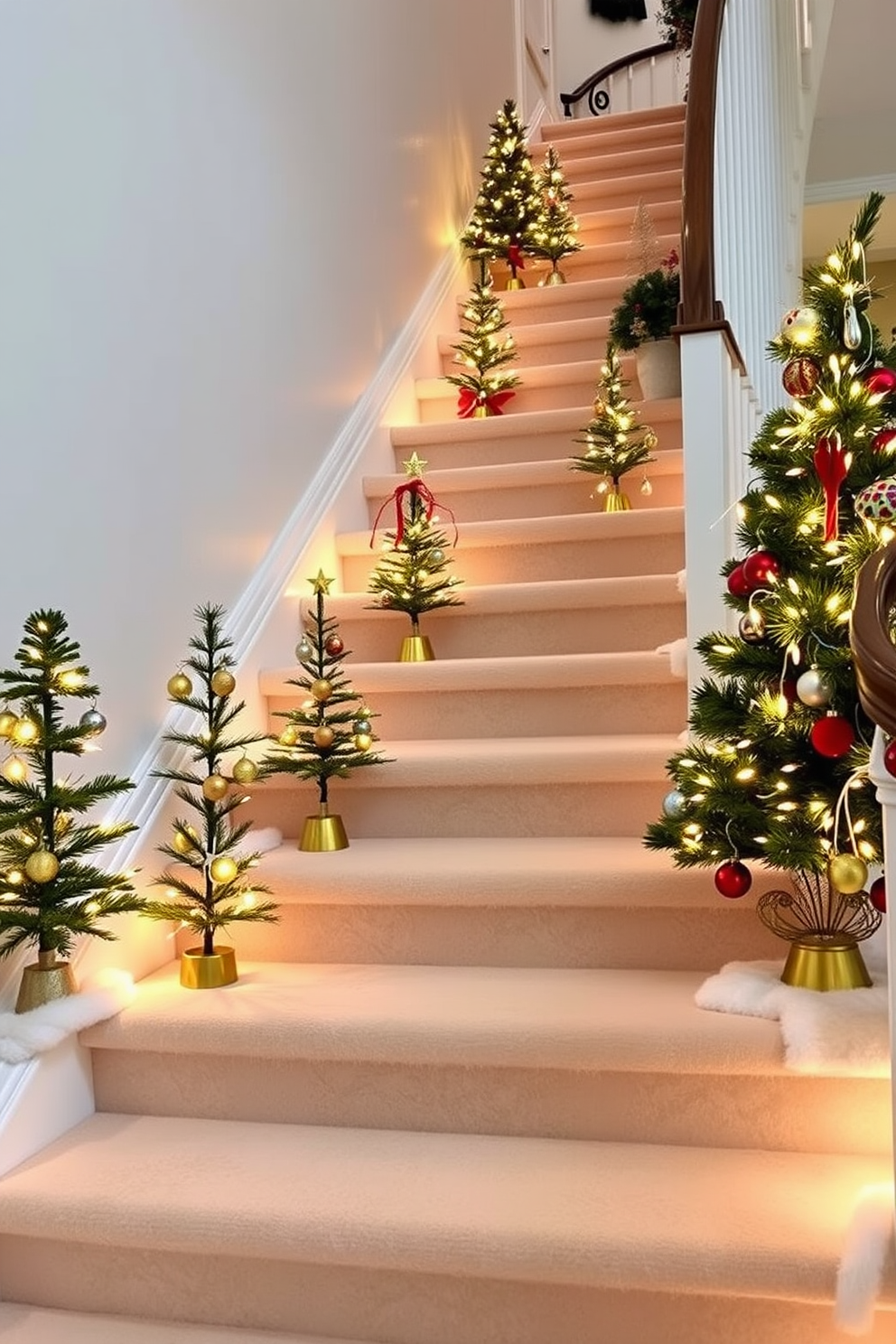 A charming winter staircase adorned with miniature Christmas trees on each step creates a festive atmosphere. Each tree is elegantly decorated with twinkling lights and colorful ornaments, enhancing the holiday spirit.