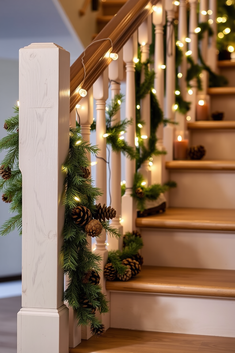 A charming winter staircase adorned with natural pinecones scattered along the wooden railing. Soft white lights twinkle gently, creating a warm and inviting atmosphere as they illuminate the staircase.