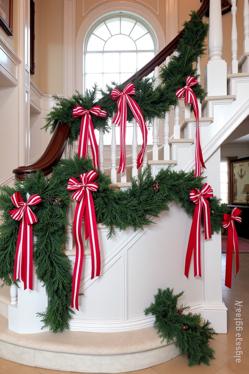 A grand staircase adorned with red and white striped ribbons cascading elegantly from the bannister. The ribbons are intertwined with fresh evergreen garlands, creating a festive and inviting atmosphere for the winter season.