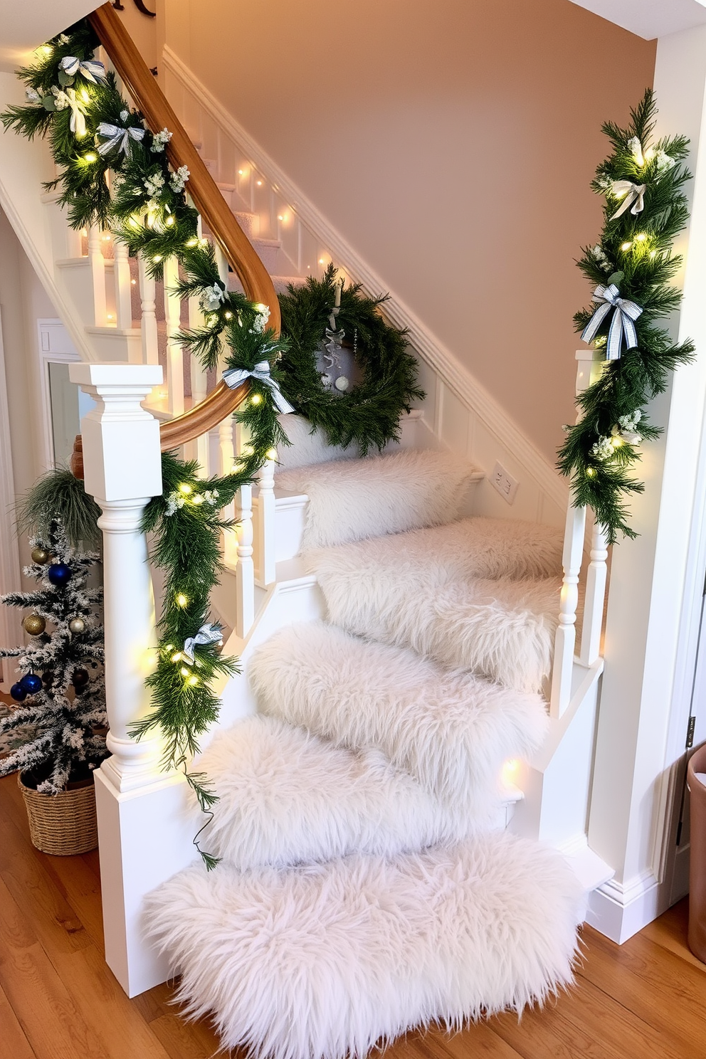 A cozy winter staircase adorned with faux fur runners that add a touch of warmth and luxury. Soft white and cream tones create a serene atmosphere, complemented by twinkling fairy lights draped along the bannister.