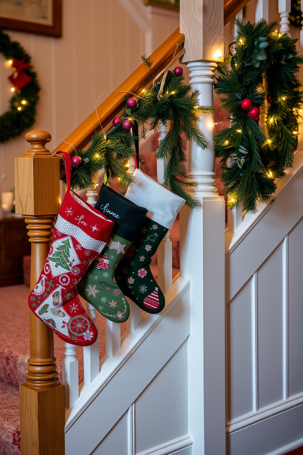 Colorful stockings are hung along the wooden banister of a beautifully decorated staircase. The staircase is adorned with garlands of pine and twinkling fairy lights, creating a warm and festive atmosphere.