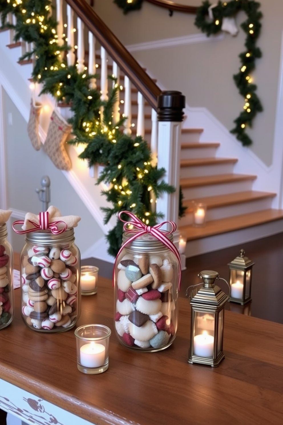 Mason jars filled with winter treats arranged on a rustic wooden table. Each jar is filled with an assortment of homemade cookies, peppermint candies, and hot cocoa mix, topped with festive ribbons. A beautifully decorated staircase adorned with garlands of pine and twinkling fairy lights. Elegant stockings hang from the banister, and small lanterns with candles line the steps, creating a warm and inviting atmosphere.