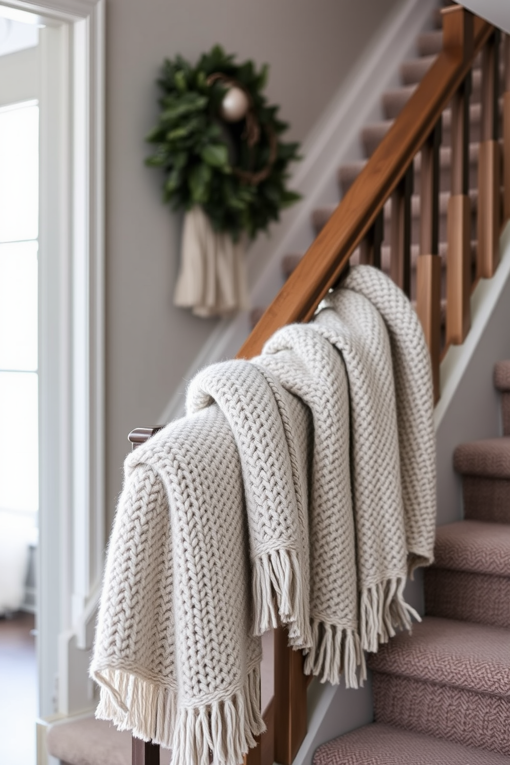 Layered textures create a cozy atmosphere on the winter staircase. Soft knitted throws are draped over the railing, adding warmth and inviting charm to the space.