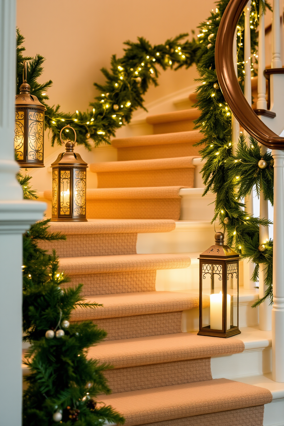 Decorative lanterns are strategically placed along the staircase, casting a warm and inviting glow. Each lantern features intricate designs that complement the overall aesthetic of the home, enhancing the winter ambiance. The staircase is adorned with lush greenery and delicate fairy lights intertwined with garlands. Soft, neutral-toned runners are laid down the steps, adding a touch of comfort and elegance to the winter decor.