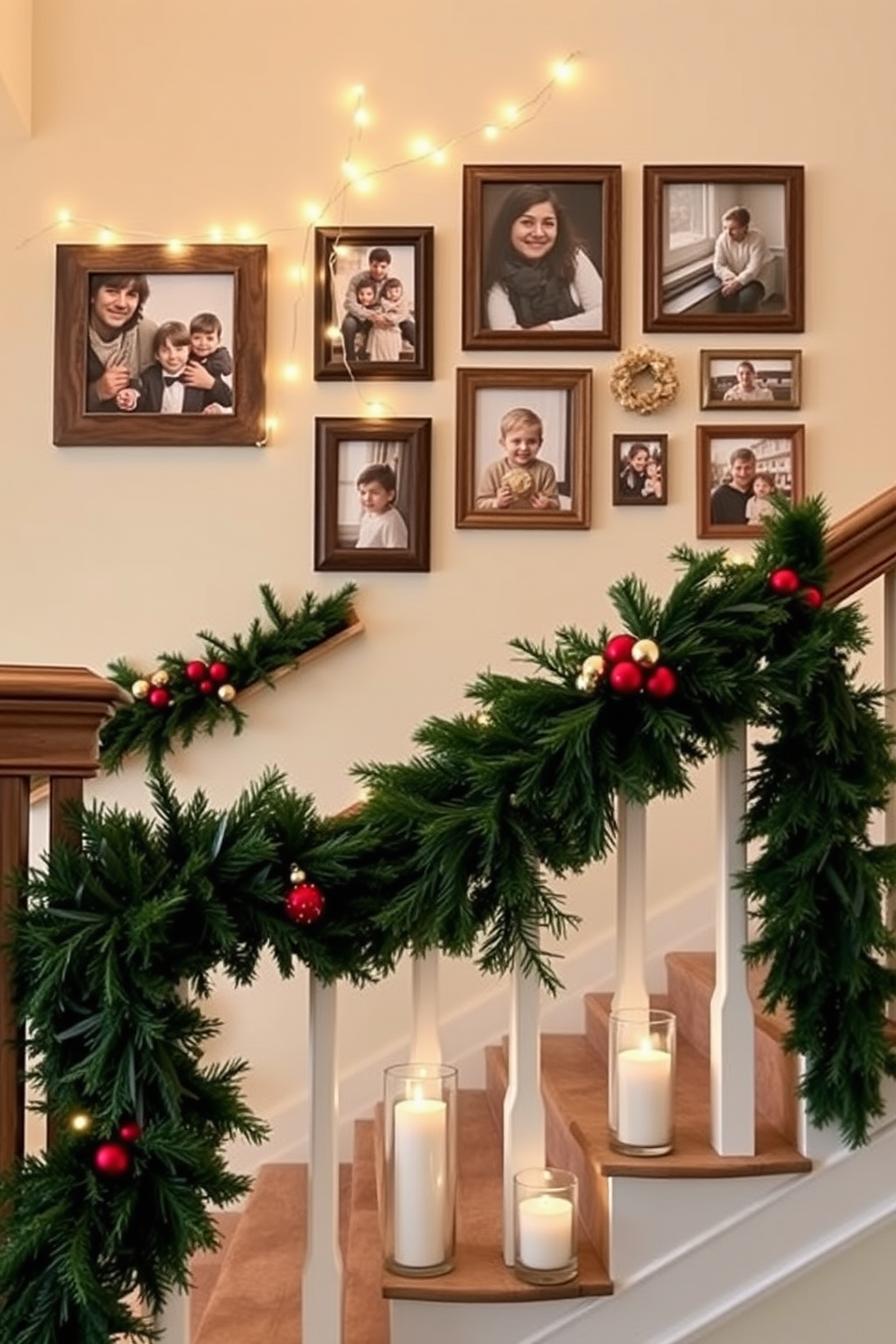 A festive holiday photo collage adorns the stair wall, showcasing cherished memories framed in a mix of rustic wood and elegant gold. Twinkling fairy lights are woven around the frames, adding a warm glow that enhances the winter atmosphere. The staircase is elegantly decorated with lush evergreen garlands draped along the banister, interspersed with red and gold ornaments. Soft white candles in glass holders line the steps, casting a gentle light that invites warmth and cheer into the home.