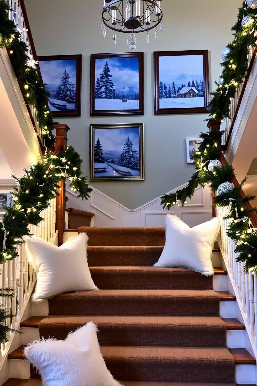 Winter themed art prints adorn the landing of a grand staircase. The prints feature serene snowy landscapes and cozy cabin scenes, framed in rustic wood to enhance the seasonal charm. The staircase is elegantly decorated with garlands of pine and twinkling fairy lights. Plush white and silver cushions are placed on the steps, inviting guests to pause and appreciate the winter ambiance.