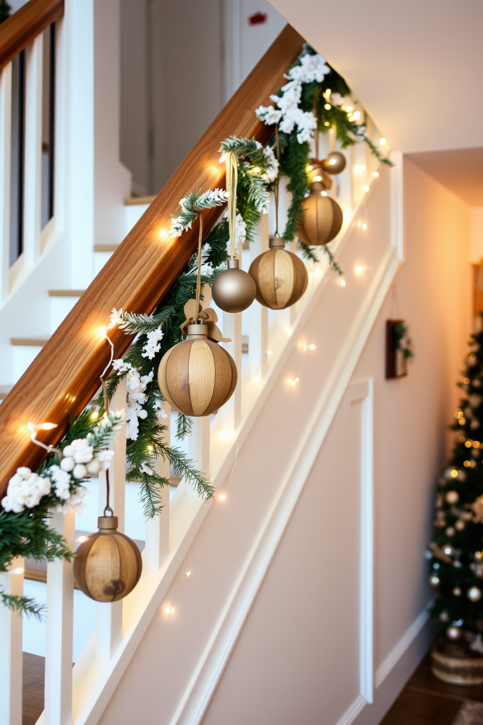 A cozy winter staircase adorned with rustic wooden ornaments hanging gracefully from the banister. Soft white lights twinkle among the decorations, creating a warm and inviting atmosphere.