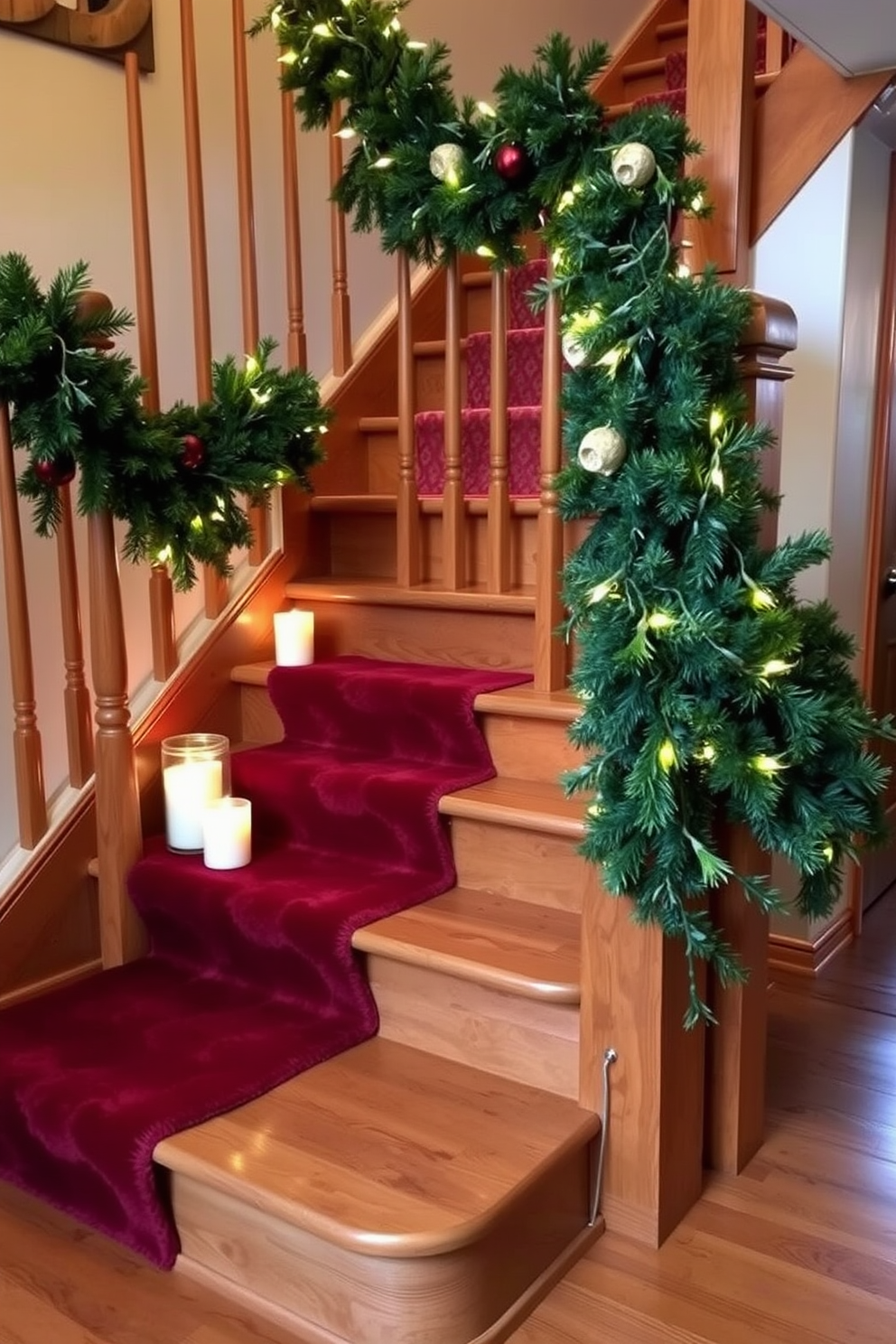 A cozy winter staircase adorned with pine-scented sachets tucked in corners. The staircase railings are draped with lush green garlands intertwined with twinkling fairy lights. Soft white candles are placed on the steps, casting a warm glow. A plush runner in deep red adds a touch of festive elegance to the wooden staircase.