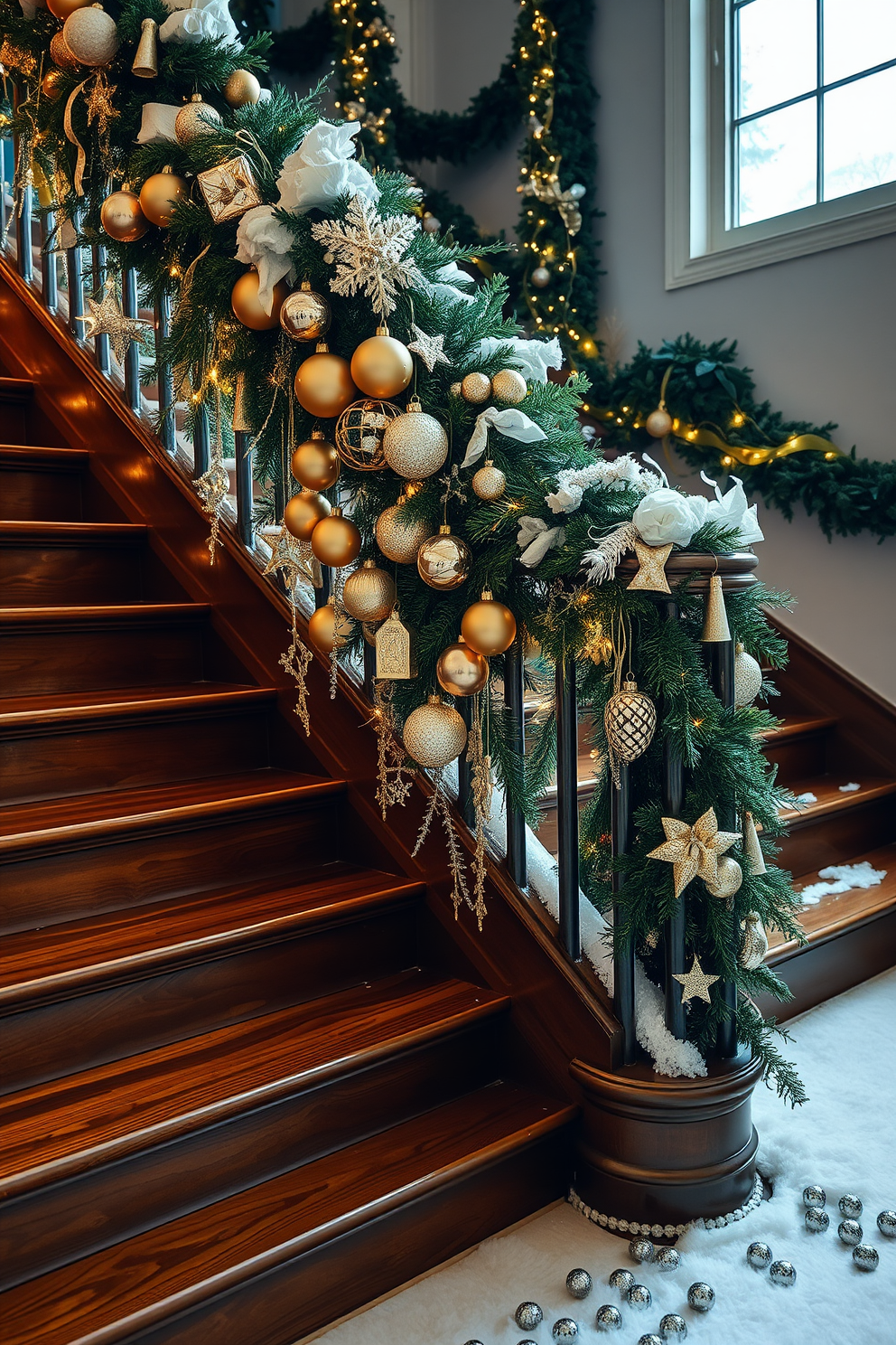 A stunning winter staircase adorned with gold and silver ornaments cascading gracefully from the handrail. The staircase features rich wooden steps, complemented by a backdrop of evergreen garlands intertwined with twinkling fairy lights.