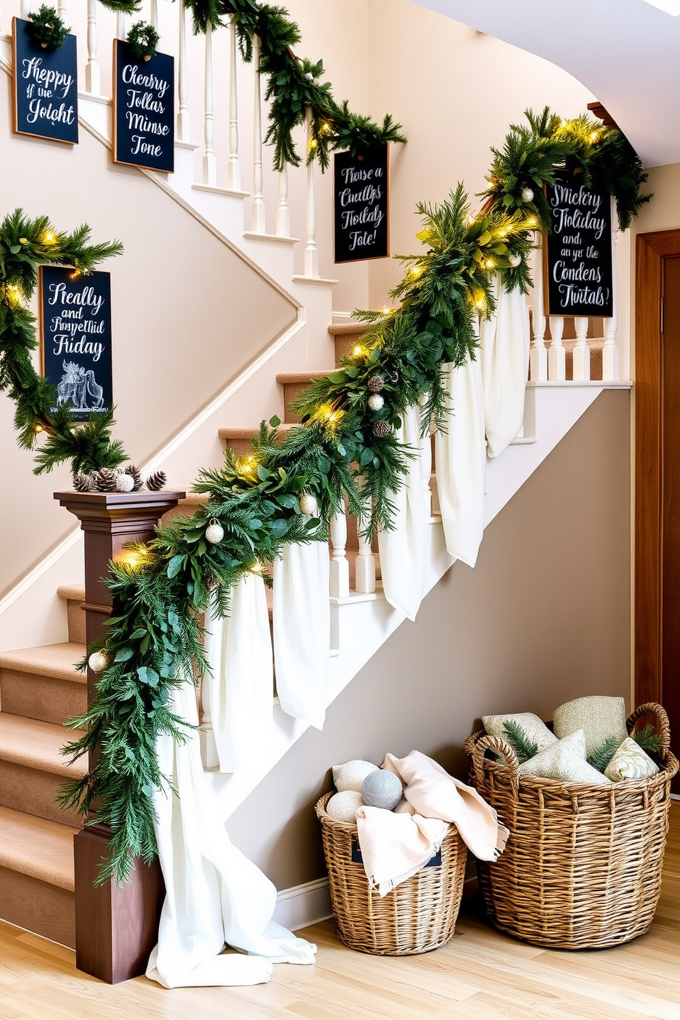 Chalkboard signs with festive messages are hung along the balustrade, each sign displaying a cheerful holiday greeting in elegant handwriting. The staircase is adorned with garlands of evergreen and twinkling fairy lights, creating a warm and inviting atmosphere. Winter staircase decorating ideas include draping soft white fabric along the steps, interspersed with pinecones and small ornaments for a cozy touch. A large decorative basket filled with blankets sits at the bottom of the staircase, inviting guests to snuggle up during the chilly season.