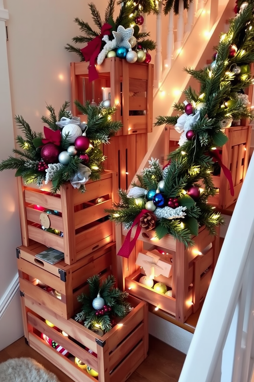 A cozy winter staircase adorned with wooden crates filled with festive holiday decorations. Each crate is overflowing with pine branches, colorful ornaments, and twinkling fairy lights, creating a warm and inviting atmosphere.