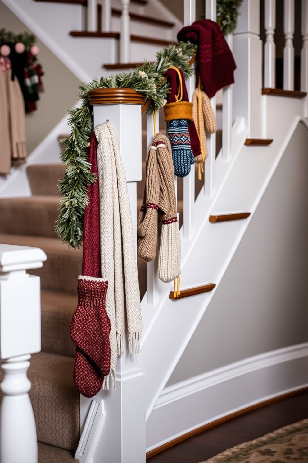 A cozy winter staircase adorned with hanging mittens and scarves creates a warm and inviting atmosphere. The staircase railing is draped with a mix of colorful knitted mittens and soft woolen scarves, adding a touch of charm and seasonal spirit.