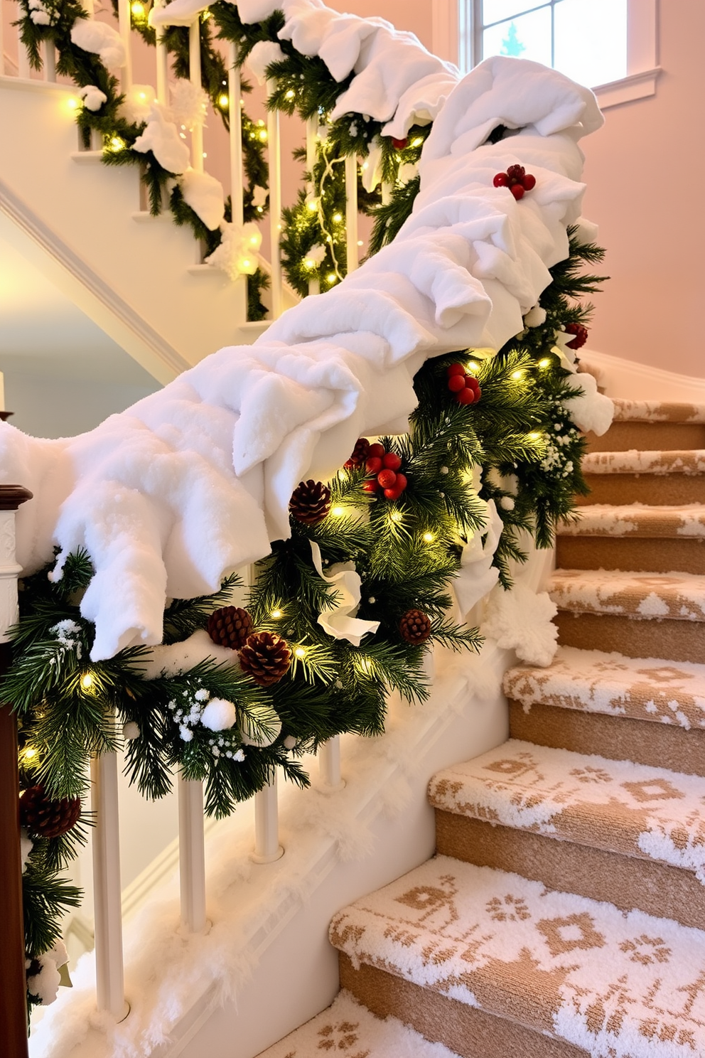 A winter staircase adorned with artificial snow creates a magical atmosphere. The steps are lined with garlands of evergreen and twinkling fairy lights, inviting warmth and cheer. Fluffy white snow blankets the banister, complemented by clusters of pinecones and red berries. This enchanting display transforms the staircase into a festive focal point for the season.