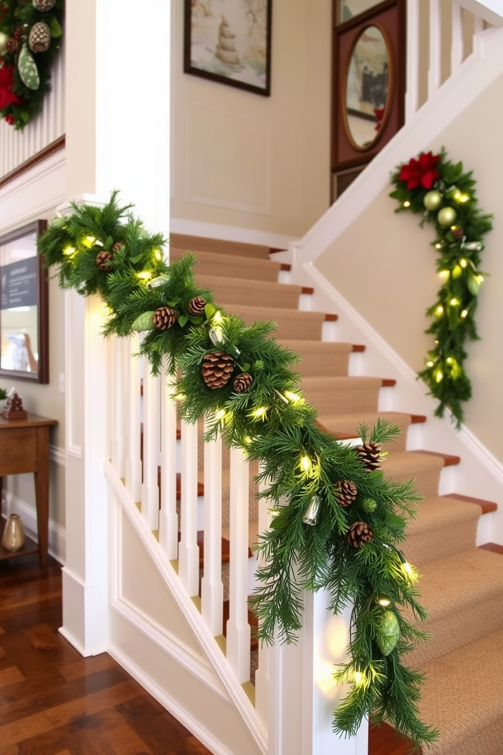 A beautiful winter staircase adorned with a seasonal garland draping elegantly over the banister. The garland is lush and vibrant, featuring a mix of evergreen branches, pinecones, and twinkling fairy lights for a warm glow.