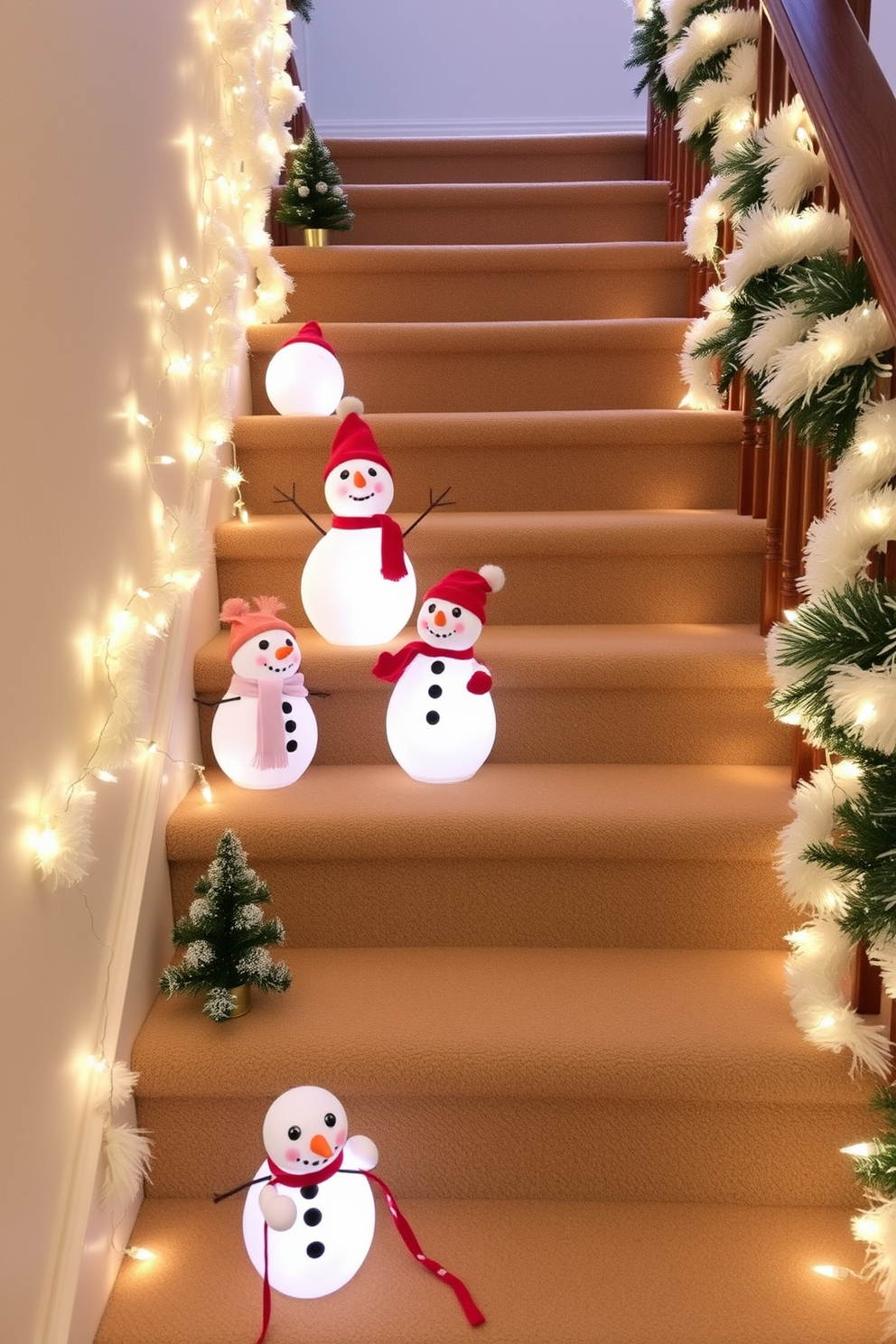 Whimsical snowman figures are playfully arranged on the staircase, bringing a festive charm to the winter decor. The steps are adorned with soft white garlands and twinkling fairy lights, creating a magical ambiance for the holiday season.