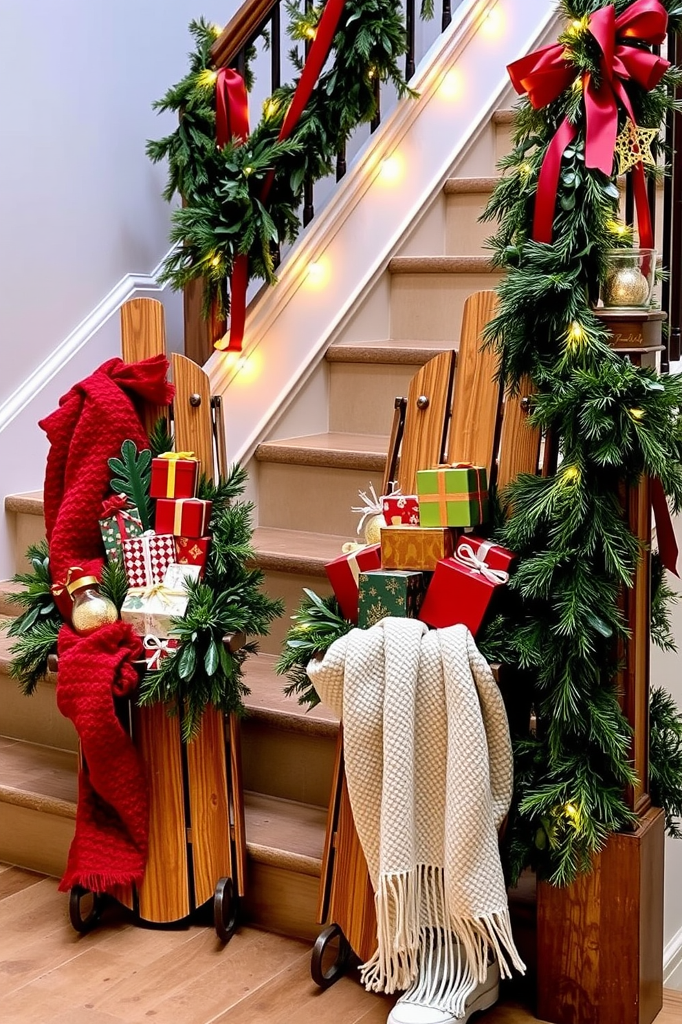 Decorative sleds are placed on the staircase, adorned with an array of colorful holiday gifts. The sleds are complemented by lush greenery and twinkling fairy lights, creating a festive atmosphere. The staircase railing is wrapped with garlands of pine and red ribbons, enhancing the winter theme. Cozy blankets in rich textures are draped over the sleds, inviting warmth and holiday spirit into the home.