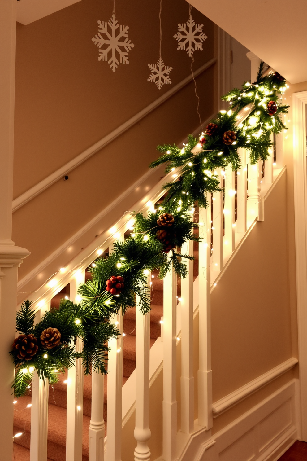 A cozy winter staircase adorned with twinkling fairy lights. The lights cascade gracefully down the railing, creating a warm and inviting glow. Evergreen garlands wrap around the banister, accented with pinecones and red berries. Soft white snowflakes hang from the ceiling, adding to the festive atmosphere.