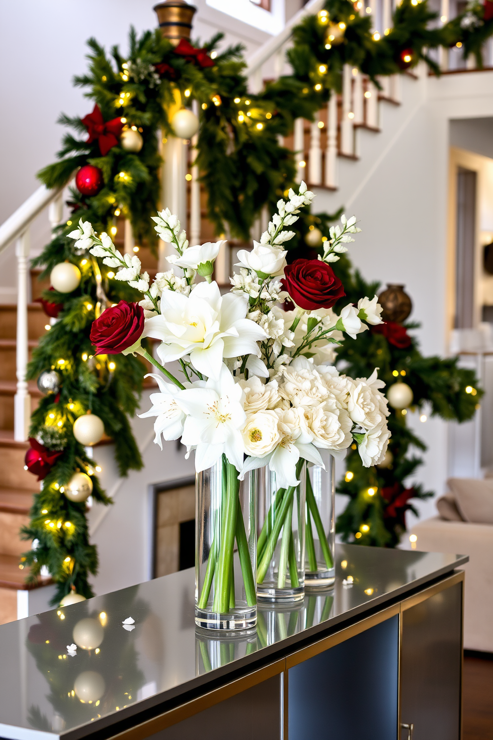 Elegant glass vases filled with winter blooms create a stunning focal point in a cozy living space. The vases are arranged on a sleek console table, showcasing an array of white and deep red flowers that evoke the beauty of the season. Winter staircase decorating ideas incorporate lush greenery and twinkling lights for a festive touch. Garlands of pine and fairy lights drape elegantly along the banister, complemented by decorative ornaments that bring warmth and charm to the home.