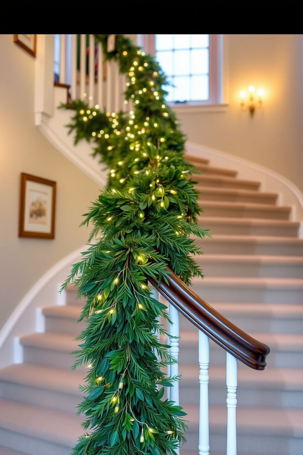 Fresh greenery garland wrapped around the banister of a grand staircase creates a warm and inviting atmosphere. Soft white lights twinkle among the leaves, enhancing the winter charm of the space.